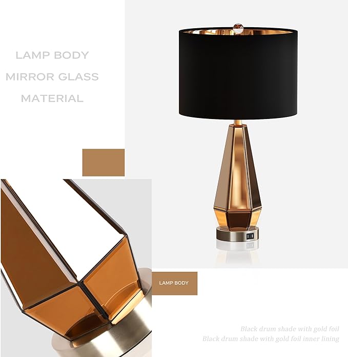Set of 2 Mirrored Glass Bedside Table Lamps with 2 USB Ports for Bedrooms Modern Amber Side Nightstand Lamps with Gold Black Fabric Shade Geometric Comtempory Living Room Lamps for End Tables - Image 2