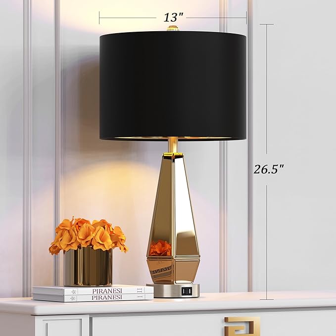 Set of 2 Mirrored Glass Bedside Table Lamps with 2 USB Ports for Bedrooms Modern Amber Side Nightstand Lamps with Gold Black Fabric Shade Geometric Comtempory Living Room Lamps for End Tables - Image 3