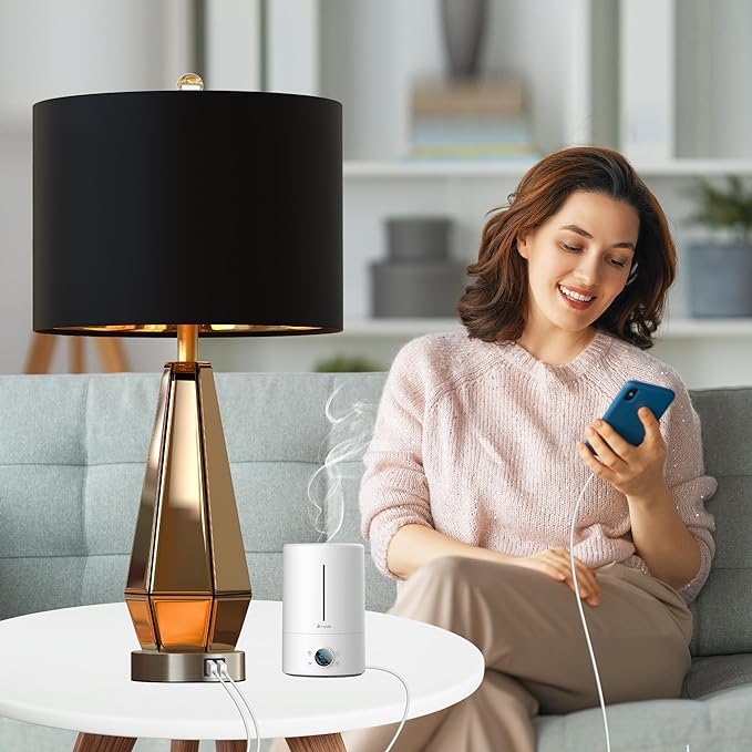 Set of 2 Mirrored Glass Bedside Table Lamps with 2 USB Ports for Bedrooms Modern Amber Side Nightstand Lamps with Gold Black Fabric Shade Geometric Comtempory Living Room Lamps for End Tables - Image 4