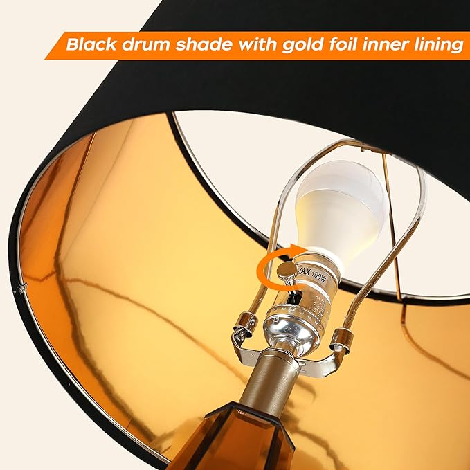 Set of 2 Mirrored Glass Bedside Table Lamps with 2 USB Ports for Bedrooms Modern Amber Side Nightstand Lamps with Gold Black Fabric Shade Geometric Comtempory Living Room Lamps for End Tables - Image 5