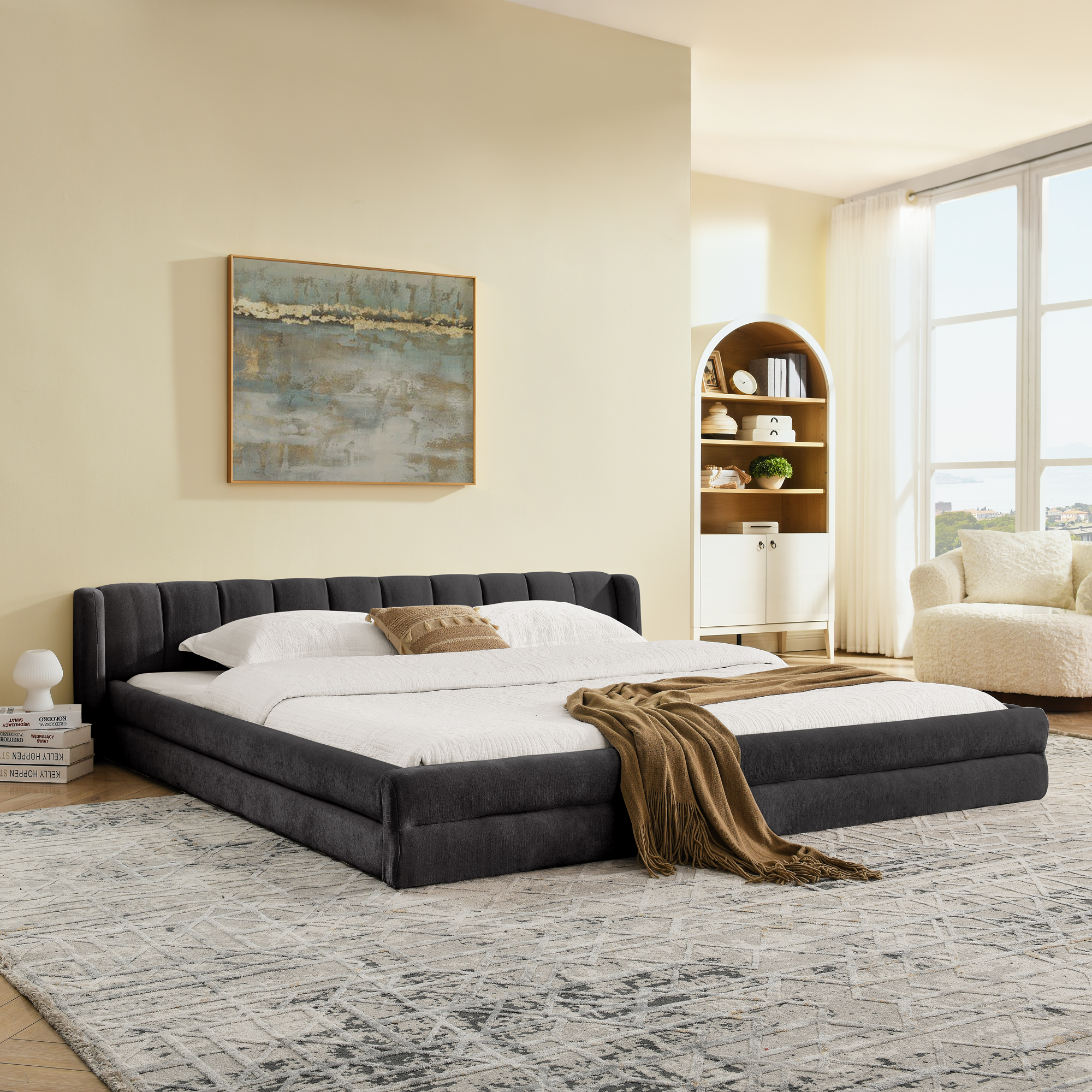 King Size Upholstered Bed Frame with Thick Fabric, comfortable upholstered bed frame, Chenille fabric, with headboard and solid bed frame-Dark Gray(88”*87”*23”)