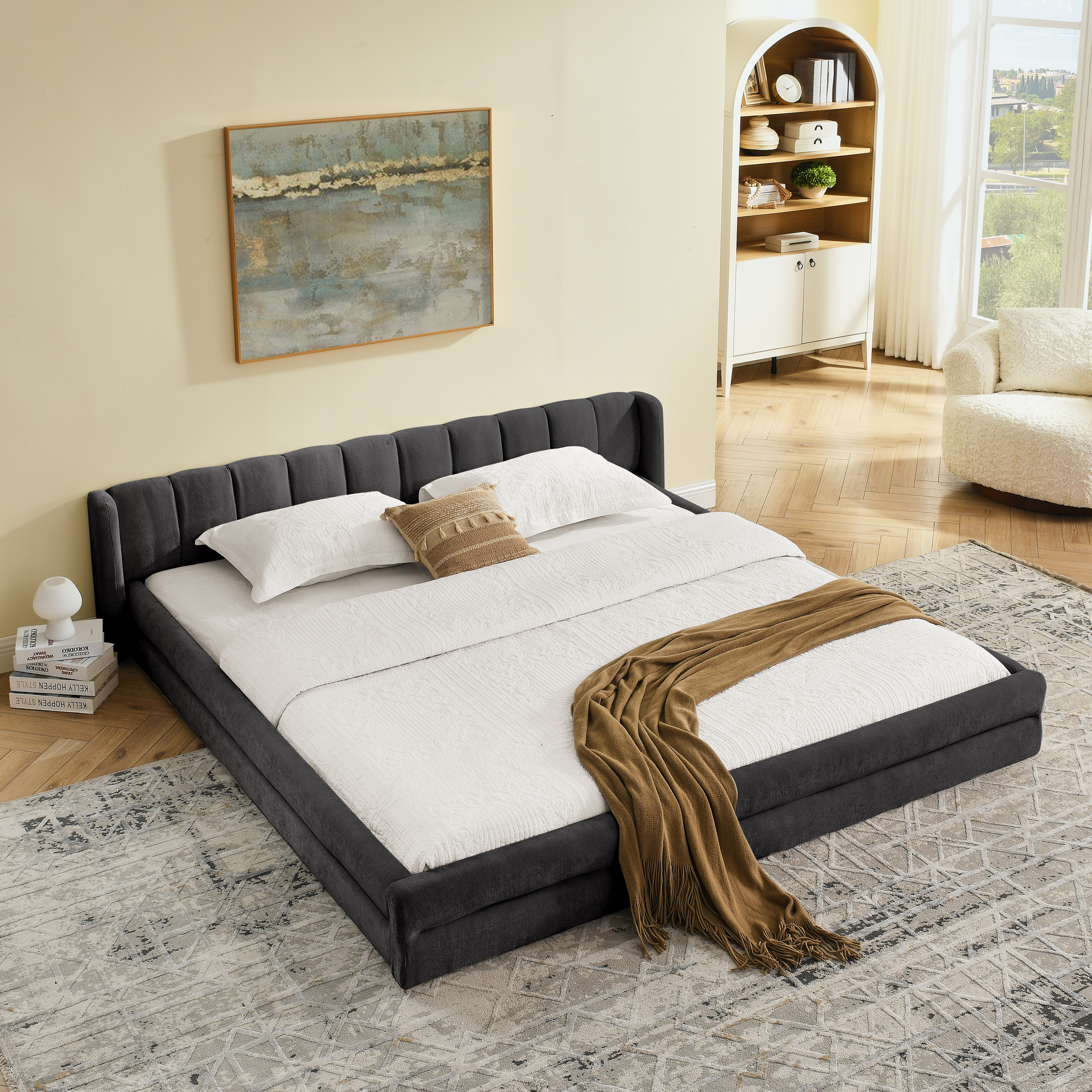 King Size Upholstered Bed Frame with Thick Fabric, comfortable upholstered bed frame, Chenille fabric, with headboard and solid bed frame-Dark Gray(88''*87''*23'') - Image 2