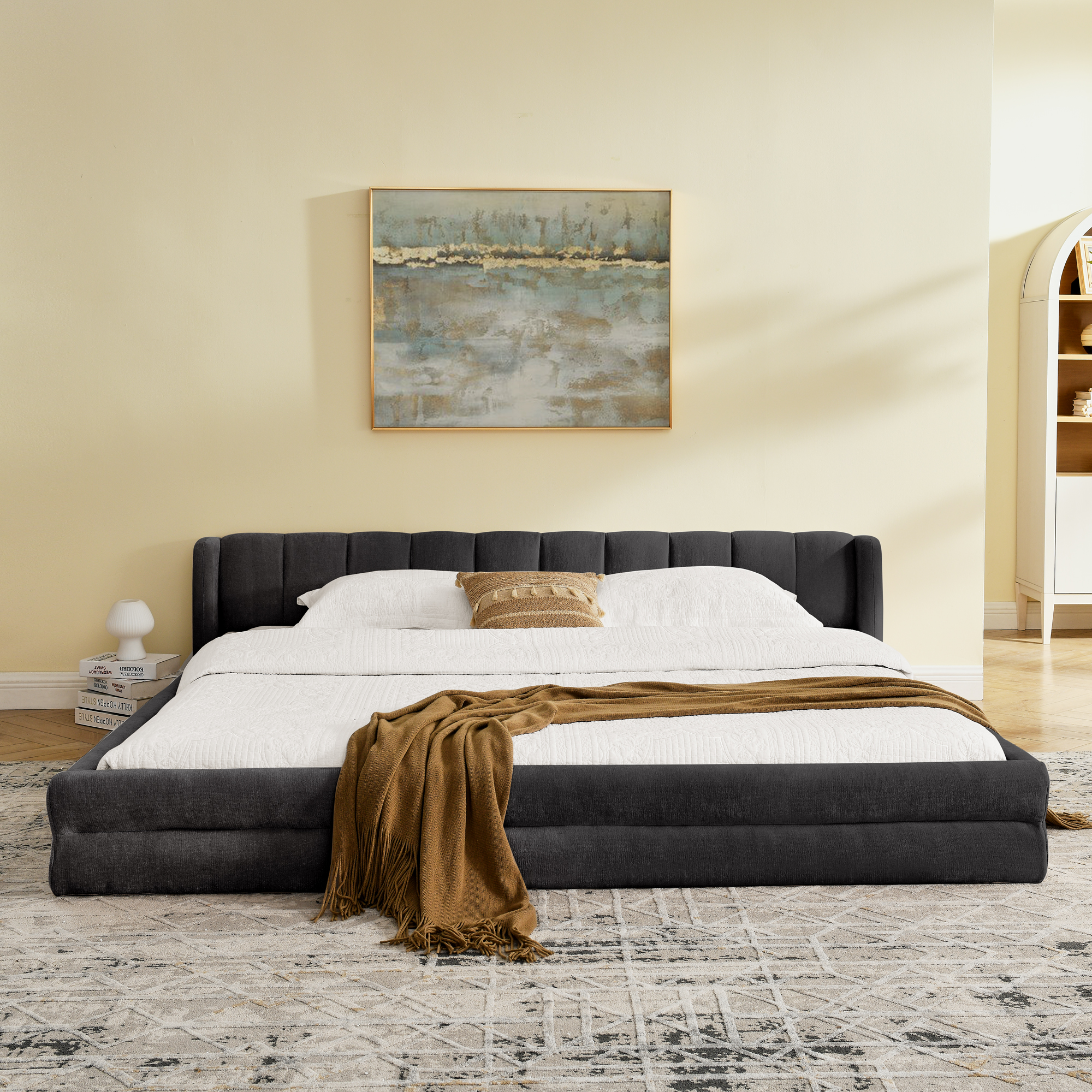 King Size Upholstered Bed Frame with Thick Fabric, comfortable upholstered bed frame, Chenille fabric, with headboard and solid bed frame-Dark Gray(88''*87''*23'') - Image 3