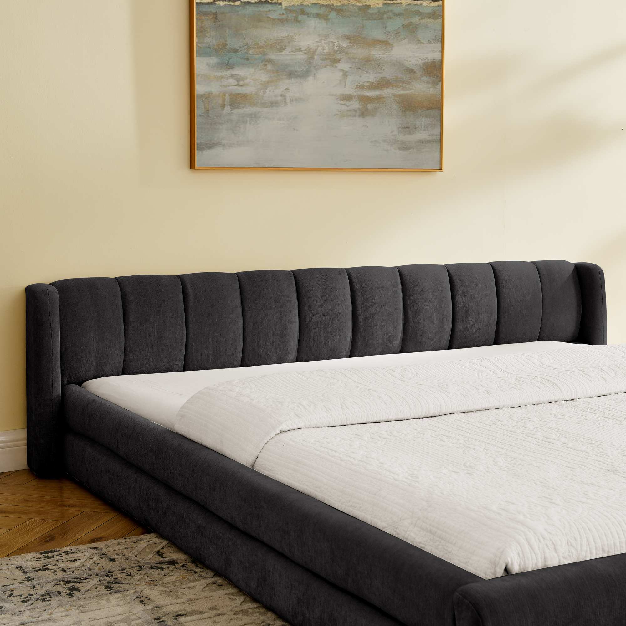 King Size Upholstered Bed Frame with Thick Fabric, comfortable upholstered bed frame, Chenille fabric, with headboard and solid bed frame-Dark Gray(88''*87''*23'') - Image 5