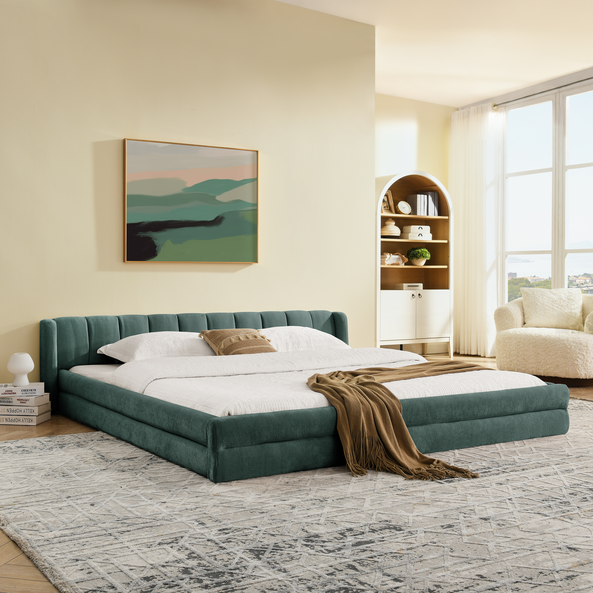 King Size Upholstered Bed Frame with Thick Fabric, comfortable upholstered bed frame, Chenille fabric, with headboard and solid bed frame-Blue+Green(88''*87''*23'') - Image 1