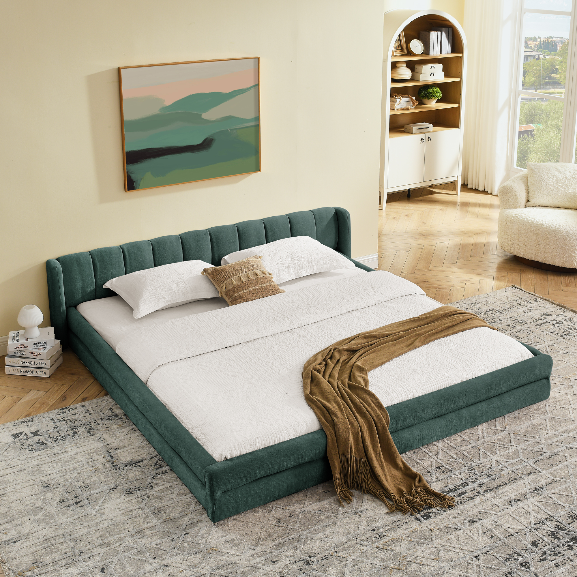 King Size Upholstered Bed Frame with Thick Fabric, comfortable upholstered bed frame, Chenille fabric, with headboard and solid bed frame-Blue+Green(88''*87''*23'') - Image 2