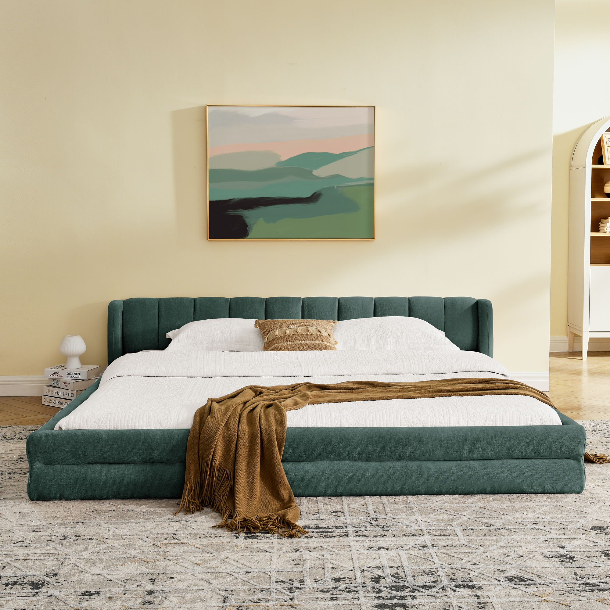 King Size Upholstered Bed Frame with Thick Fabric, comfortable upholstered bed frame, Chenille fabric, with headboard and solid bed frame-Blue+Green(88''*87''*23'') - Image 3
