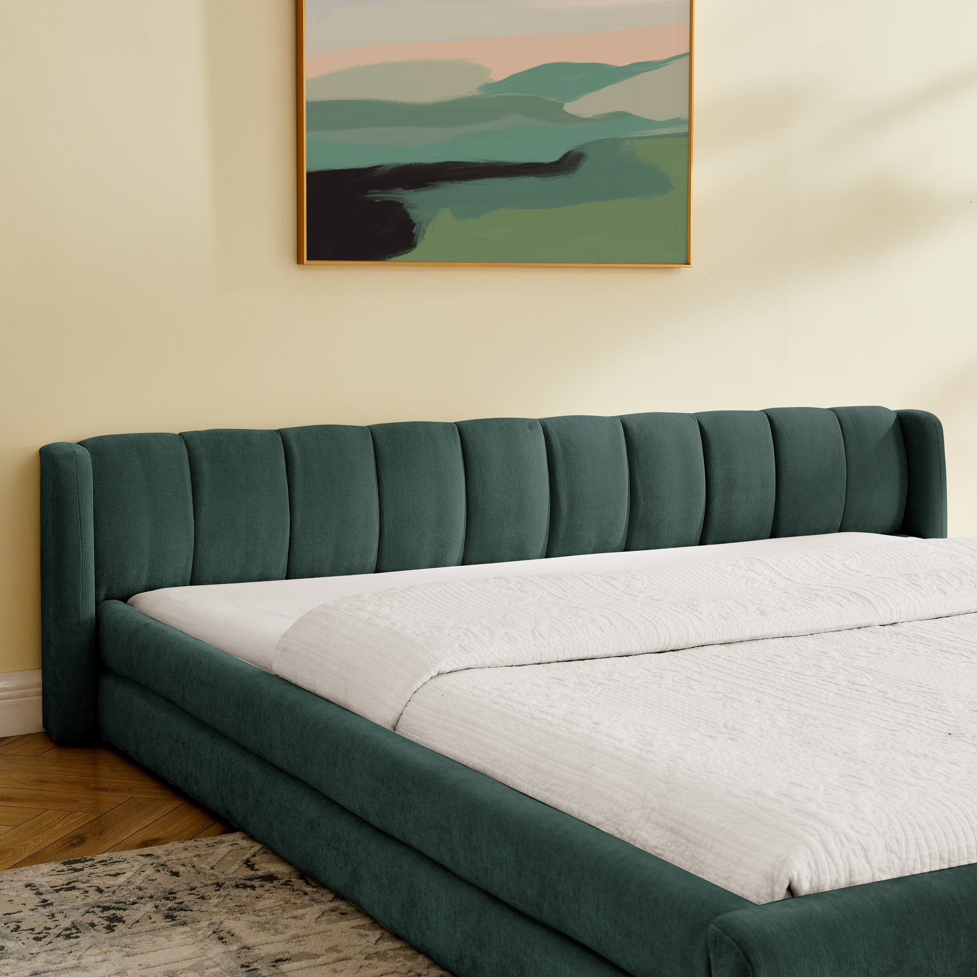King Size Upholstered Bed Frame with Thick Fabric, comfortable upholstered bed frame, Chenille fabric, with headboard and solid bed frame-Blue+Green(88''*87''*23'') - Image 5