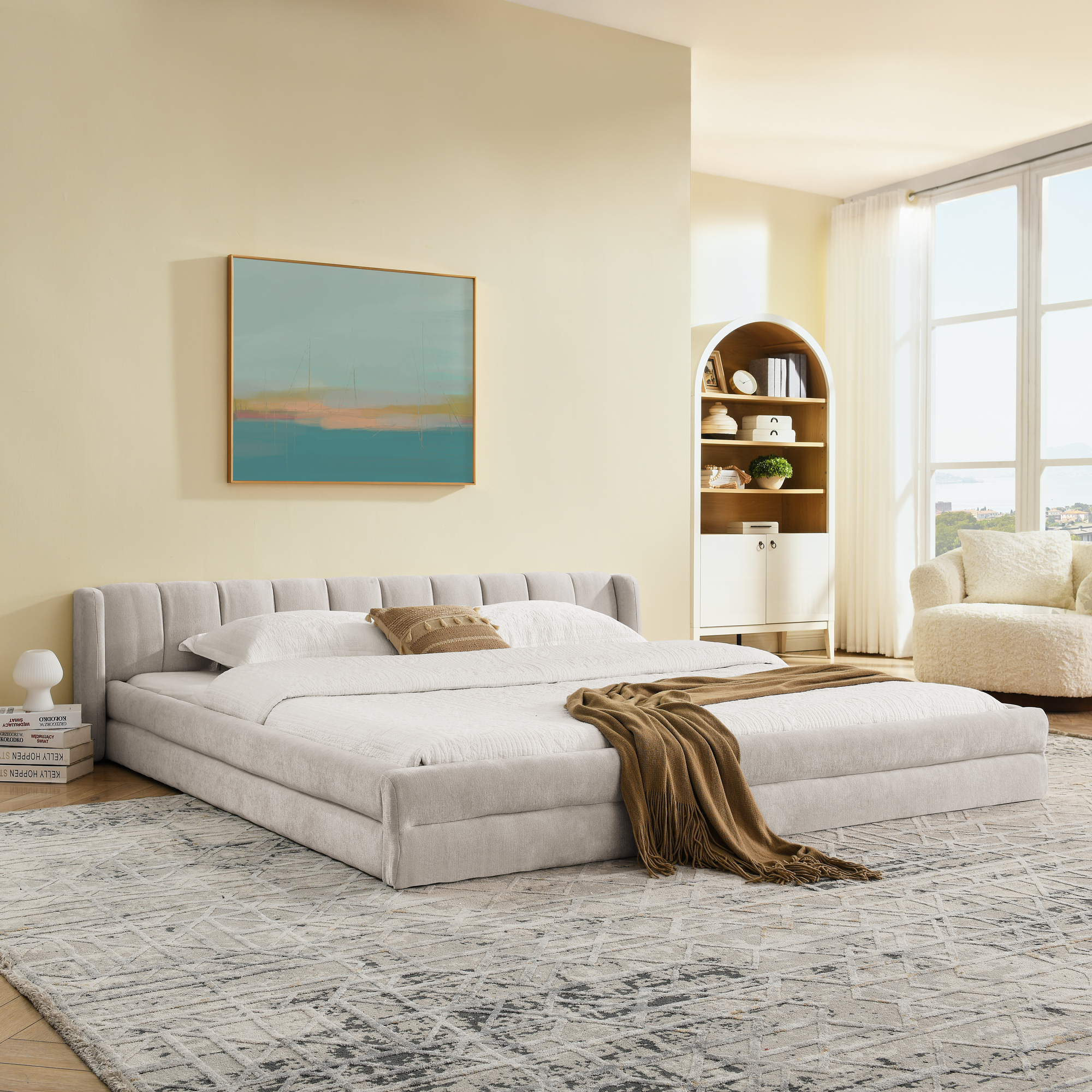 King Size Upholstered Bed Frame with Thick Fabric, comfortable upholstered bed frame, Chenille fabric, with headboard and solid bed frame-Beige(88''*87''*23'') - Image 1