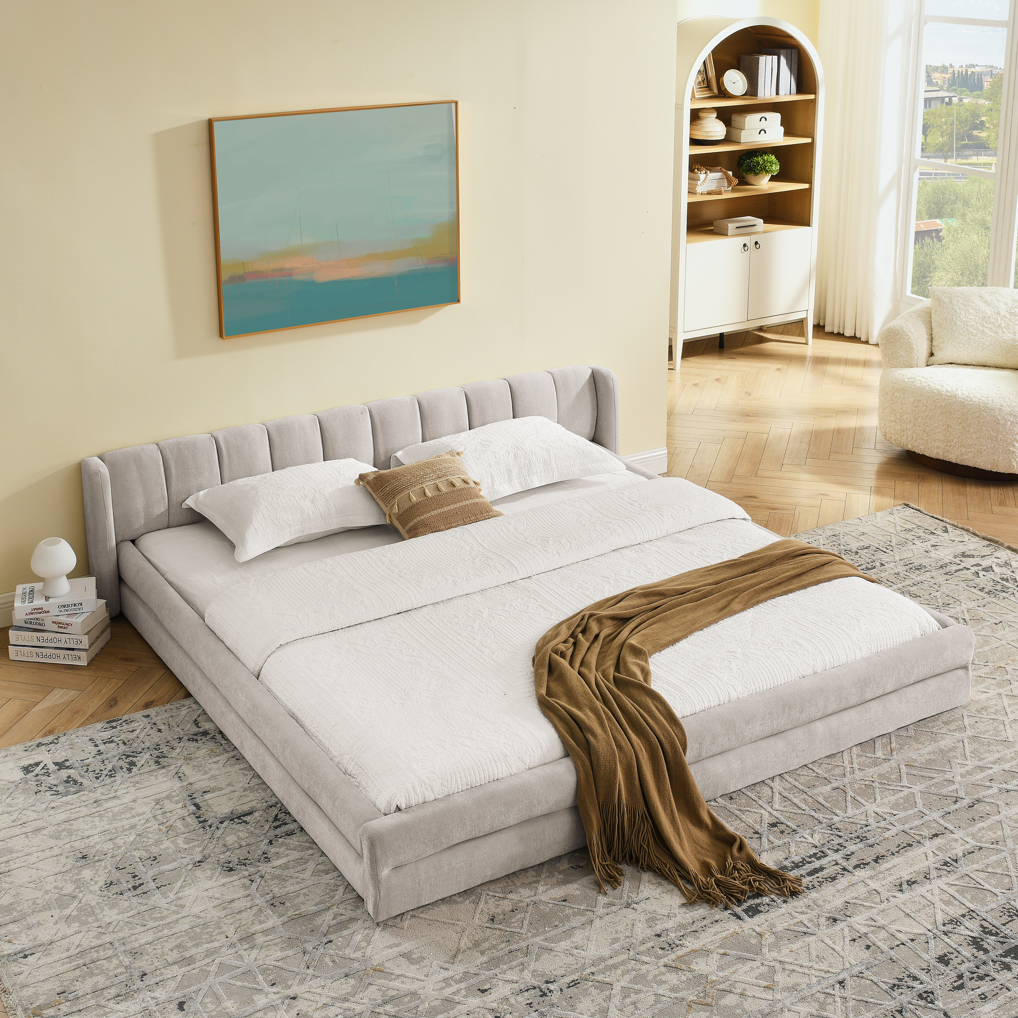 King Size Upholstered Bed Frame with Thick Fabric, comfortable upholstered bed frame, Chenille fabric, with headboard and solid bed frame-Beige(88''*87''*23'') - Image 2