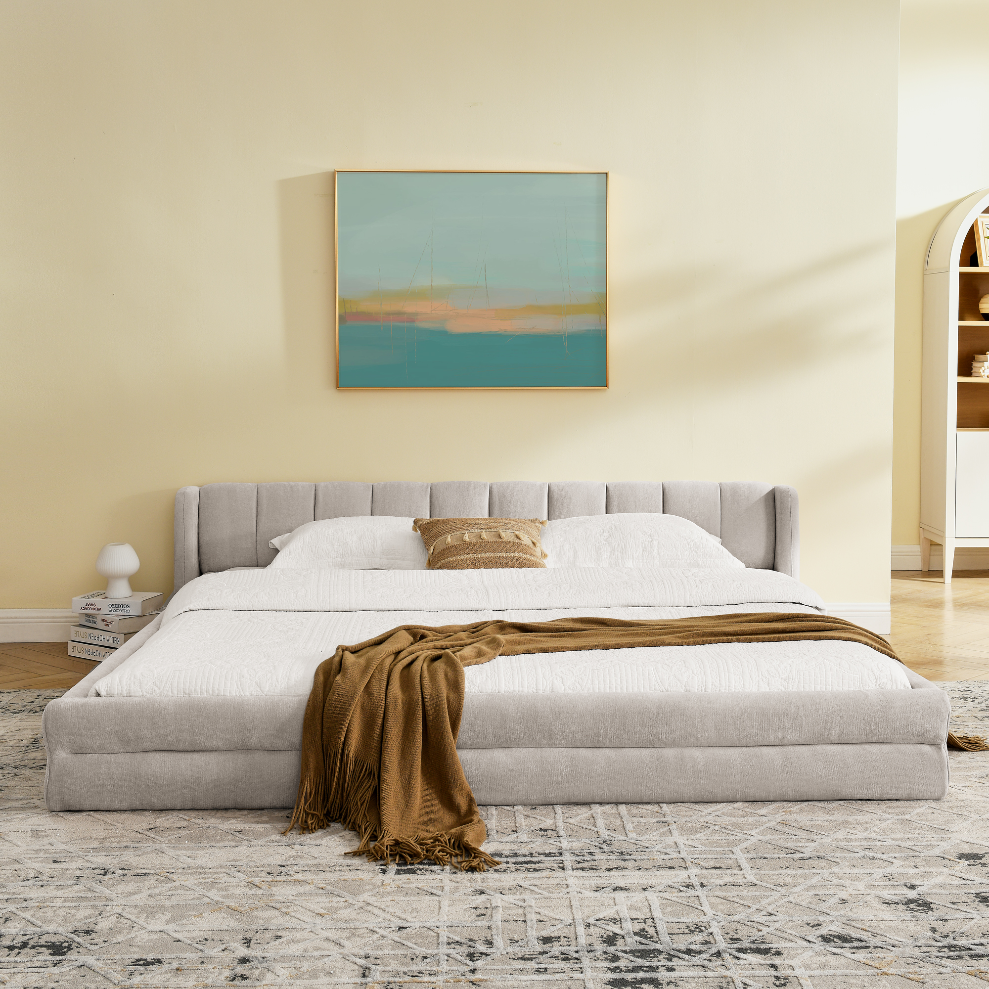 King Size Upholstered Bed Frame with Thick Fabric, comfortable upholstered bed frame, Chenille fabric, with headboard and solid bed frame-Beige(88''*87''*23'') - Image 3
