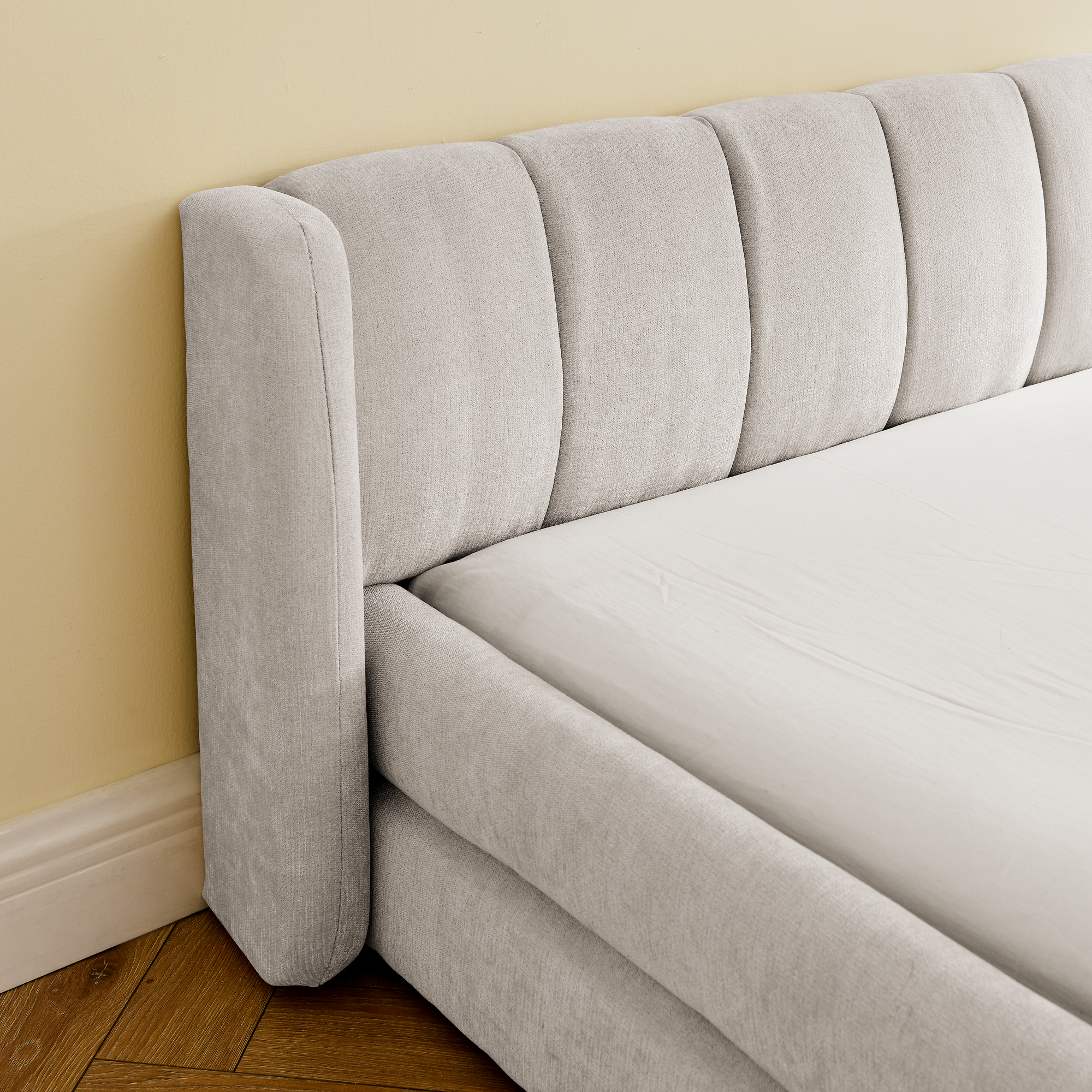 King Size Upholstered Bed Frame with Thick Fabric, comfortable upholstered bed frame, Chenille fabric, with headboard and solid bed frame-Beige(88''*87''*23'') - Image 4