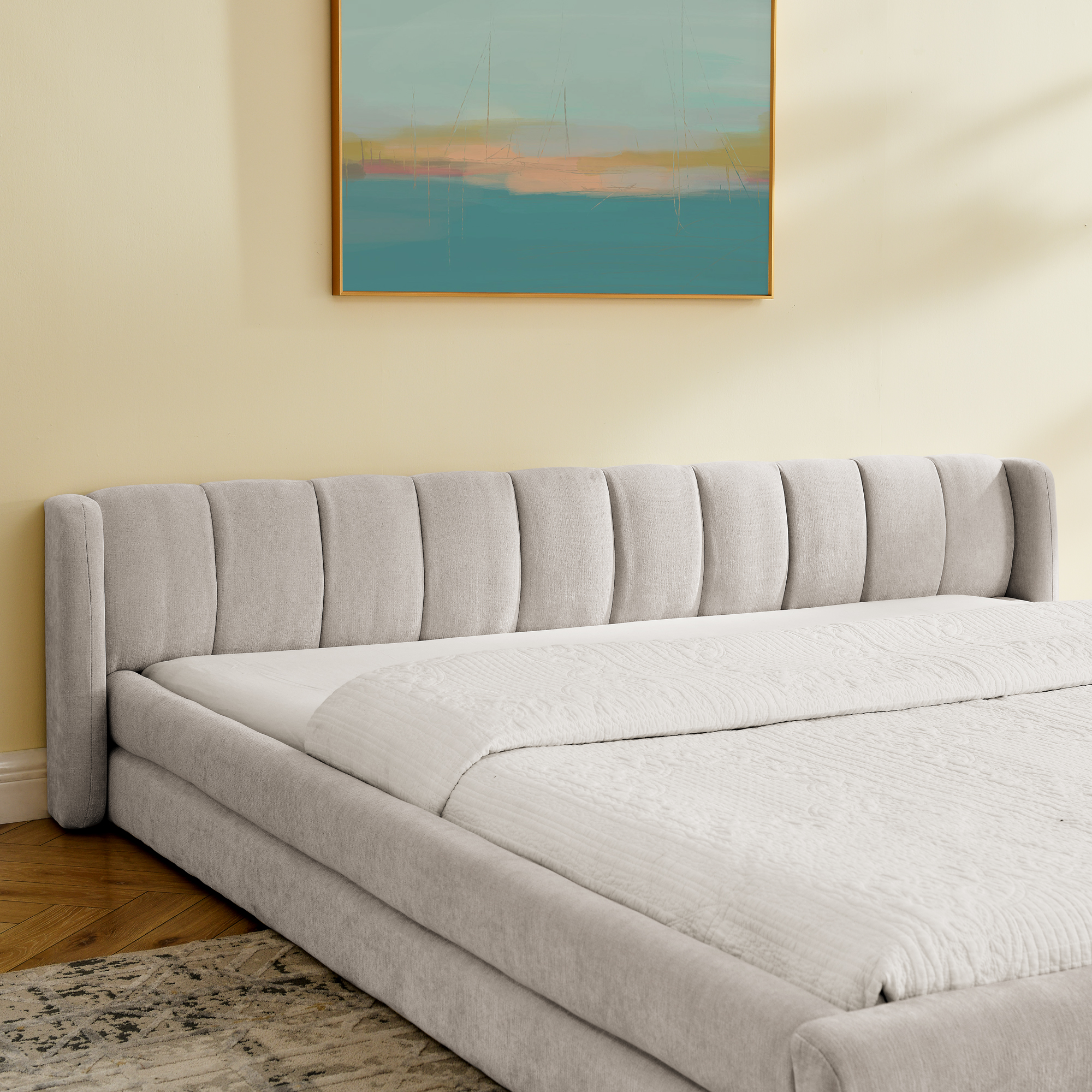 King Size Upholstered Bed Frame with Thick Fabric, comfortable upholstered bed frame, Chenille fabric, with headboard and solid bed frame-Beige(88''*87''*23'') - Image 6