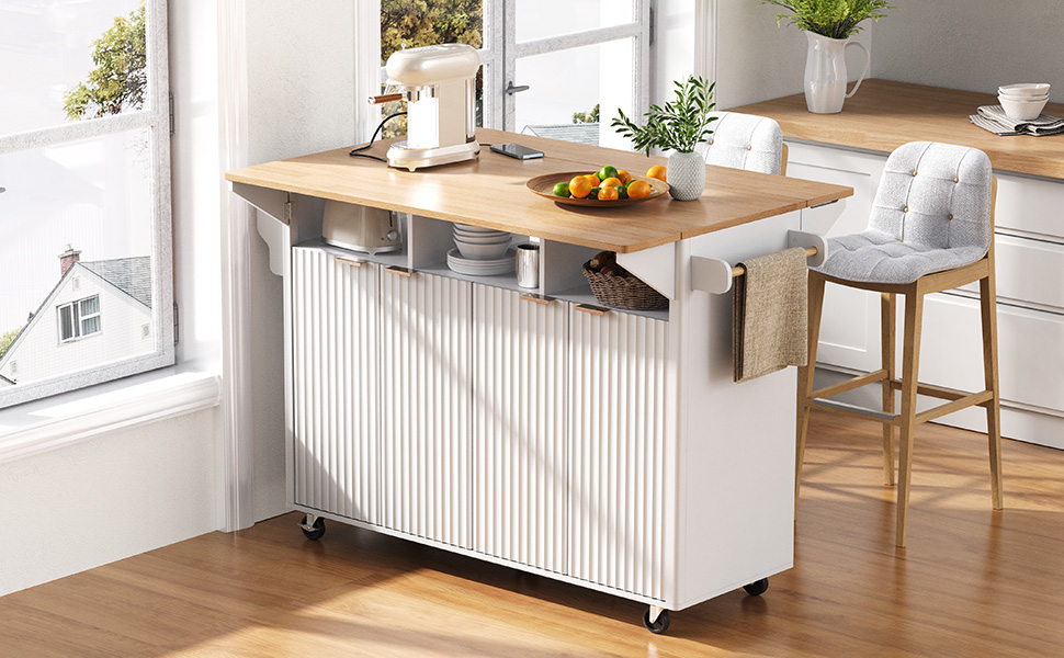 K&K 55.5" Fluted Kitchen Island with 2 Drop Leaf, Kitchen Storage Cart with Power Outlet, 4 Doors, Spice rack, Rolling Island Table with Wood-grain Top, Curved Edge for Kitchen, Dining Room,White - Image 2