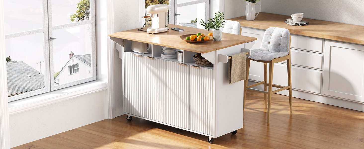 K&K 55.5" Fluted Kitchen Island with 2 Drop Leaf, Kitchen Storage Cart with Power Outlet, 4 Doors, Spice rack, Rolling Island Table with Wood-grain Top, Curved Edge for Kitchen, Dining Room,White - Image 3