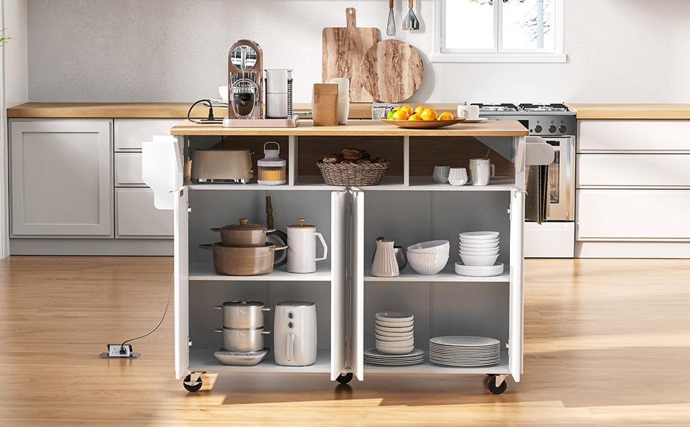 K&K 55.5" Fluted Kitchen Island with 2 Drop Leaf, Kitchen Storage Cart with Power Outlet, 4 Doors, Spice rack, Rolling Island Table with Wood-grain Top, Curved Edge for Kitchen, Dining Room,White - Image 4