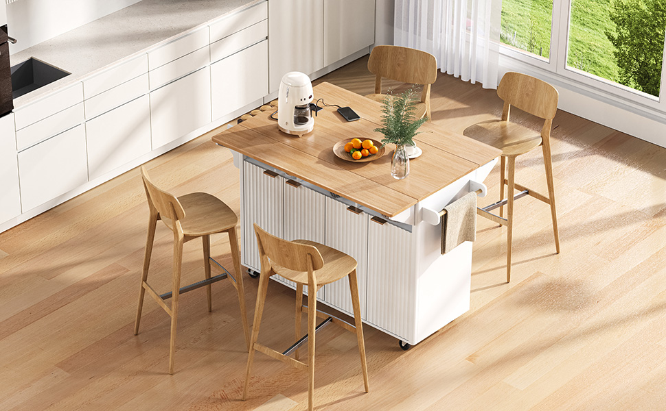 K&K 55.5" Fluted Kitchen Island with 2 Drop Leaf, Kitchen Storage Cart with Power Outlet, 4 Doors, Spice rack, Rolling Island Table with Wood-grain Top, Curved Edge for Kitchen, Dining Room,White - Image 5