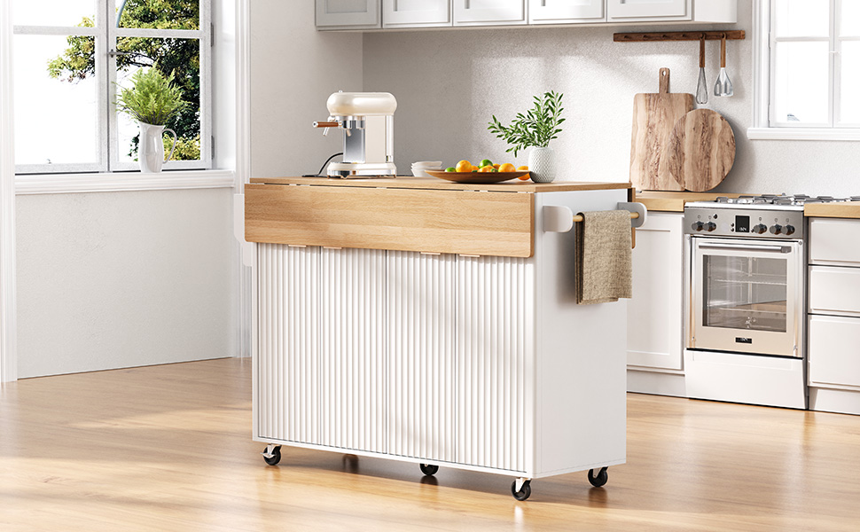 K&K 55.5" Fluted Kitchen Island with 2 Drop Leaf, Kitchen Storage Cart with Power Outlet, 4 Doors, Spice rack, Rolling Island Table with Wood-grain Top, Curved Edge for Kitchen, Dining Room,White - Image 6