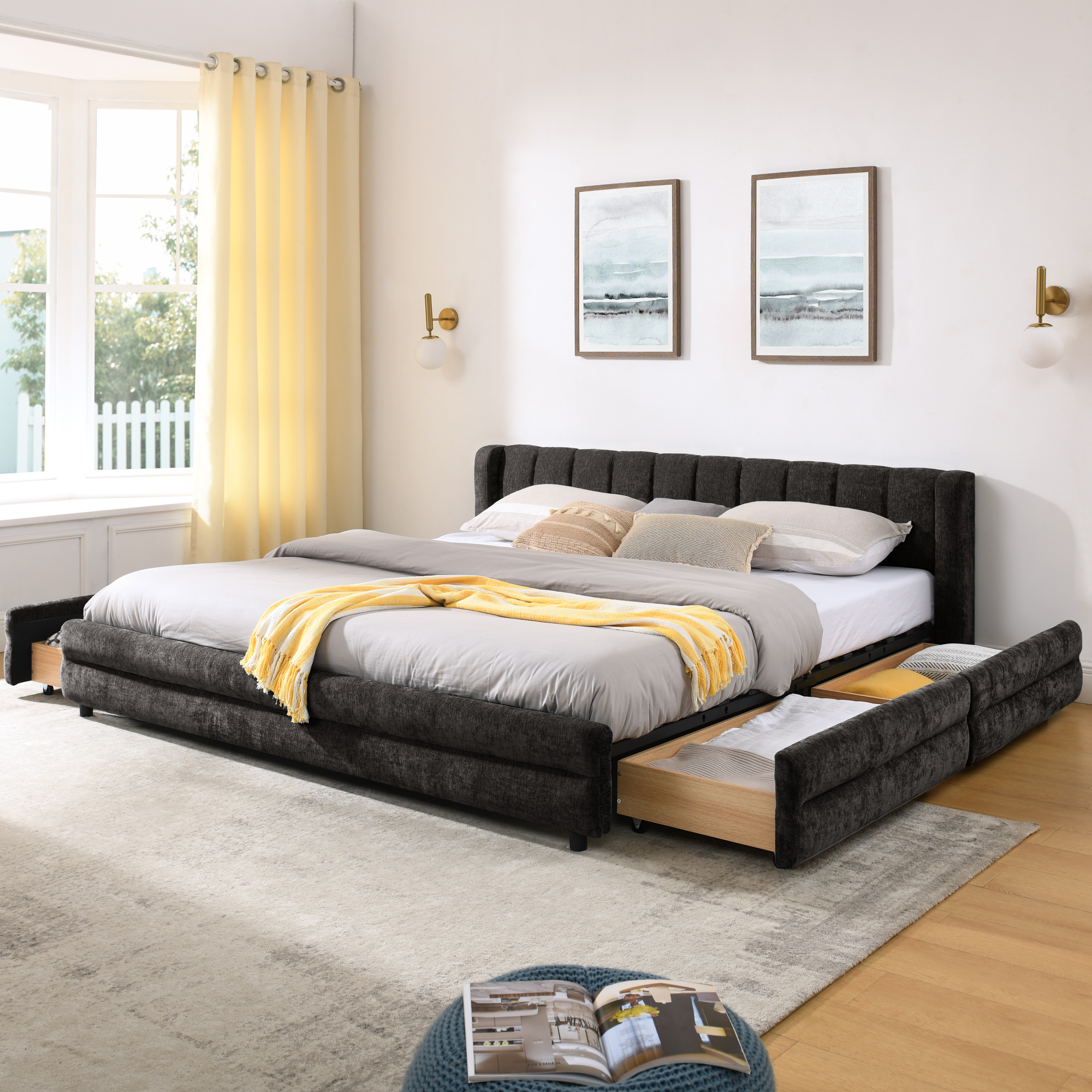 King Size Upholstered Bed Frame with Thick Fabric, comfortable upholstered bed frame, Chenille fabric, with headboard and solid bed frame. With drawer for storage-Dark Gray(86.5”*84”*29.5”)