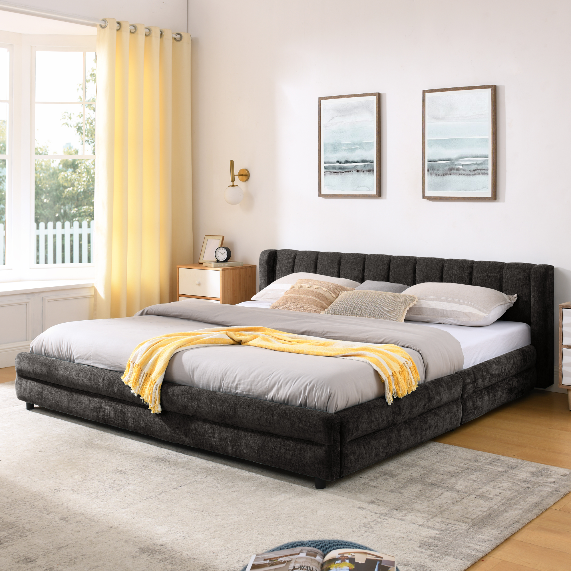 King Size Upholstered Bed Frame with Thick Fabric, comfortable upholstered bed frame, Chenille fabric, with headboard and solid bed frame. With drawer for storage-Dark Gray(86.5''*84''*29.5'') - Image 2