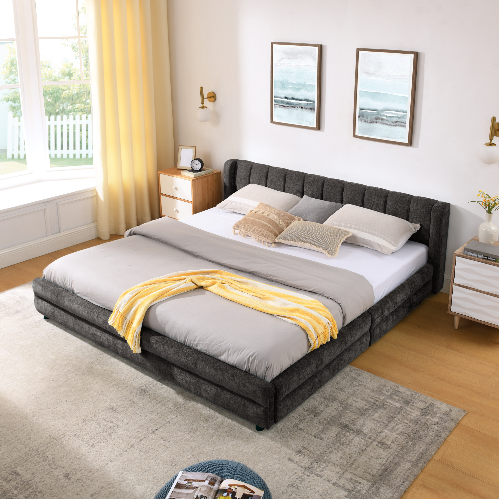 King Size Upholstered Bed Frame with Thick Fabric, comfortable upholstered bed frame, Chenille fabric, with headboard and solid bed frame. With drawer for storage-Dark Gray(86.5''*84''*29.5'') - Image 3