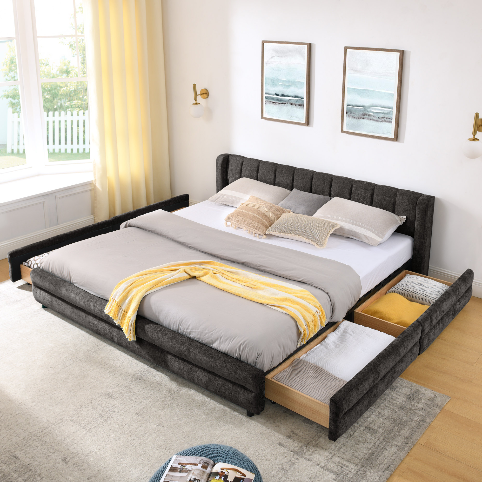 King Size Upholstered Bed Frame with Thick Fabric, comfortable upholstered bed frame, Chenille fabric, with headboard and solid bed frame. With drawer for storage-Dark Gray(86.5''*84''*29.5'') - Image 4