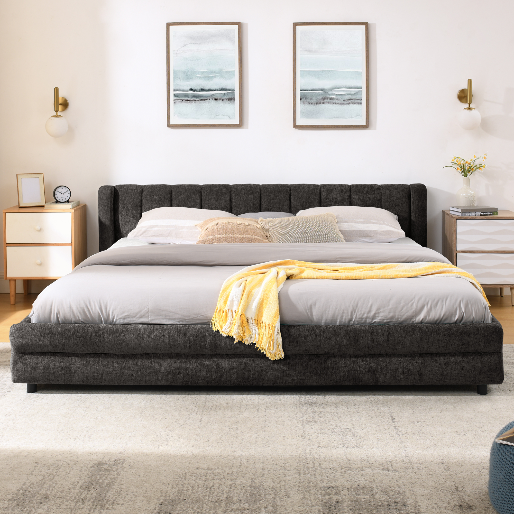 King Size Upholstered Bed Frame with Thick Fabric, comfortable upholstered bed frame, Chenille fabric, with headboard and solid bed frame. With drawer for storage-Dark Gray(86.5''*84''*29.5'') - Image 5