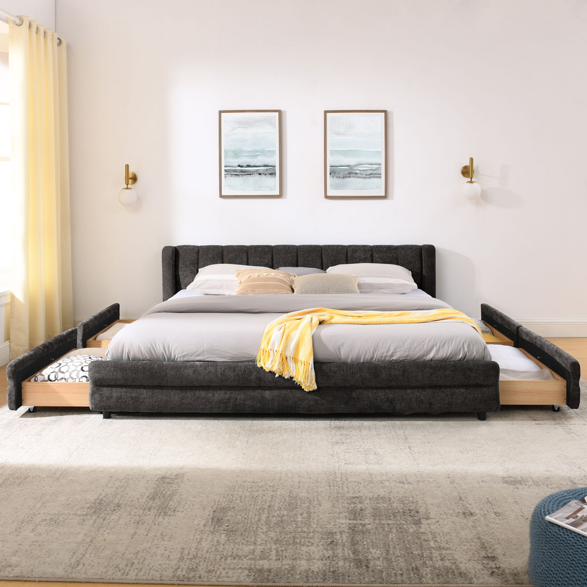 King Size Upholstered Bed Frame with Thick Fabric, comfortable upholstered bed frame, Chenille fabric, with headboard and solid bed frame. With drawer for storage-Dark Gray(86.5''*84''*29.5'') - Image 6