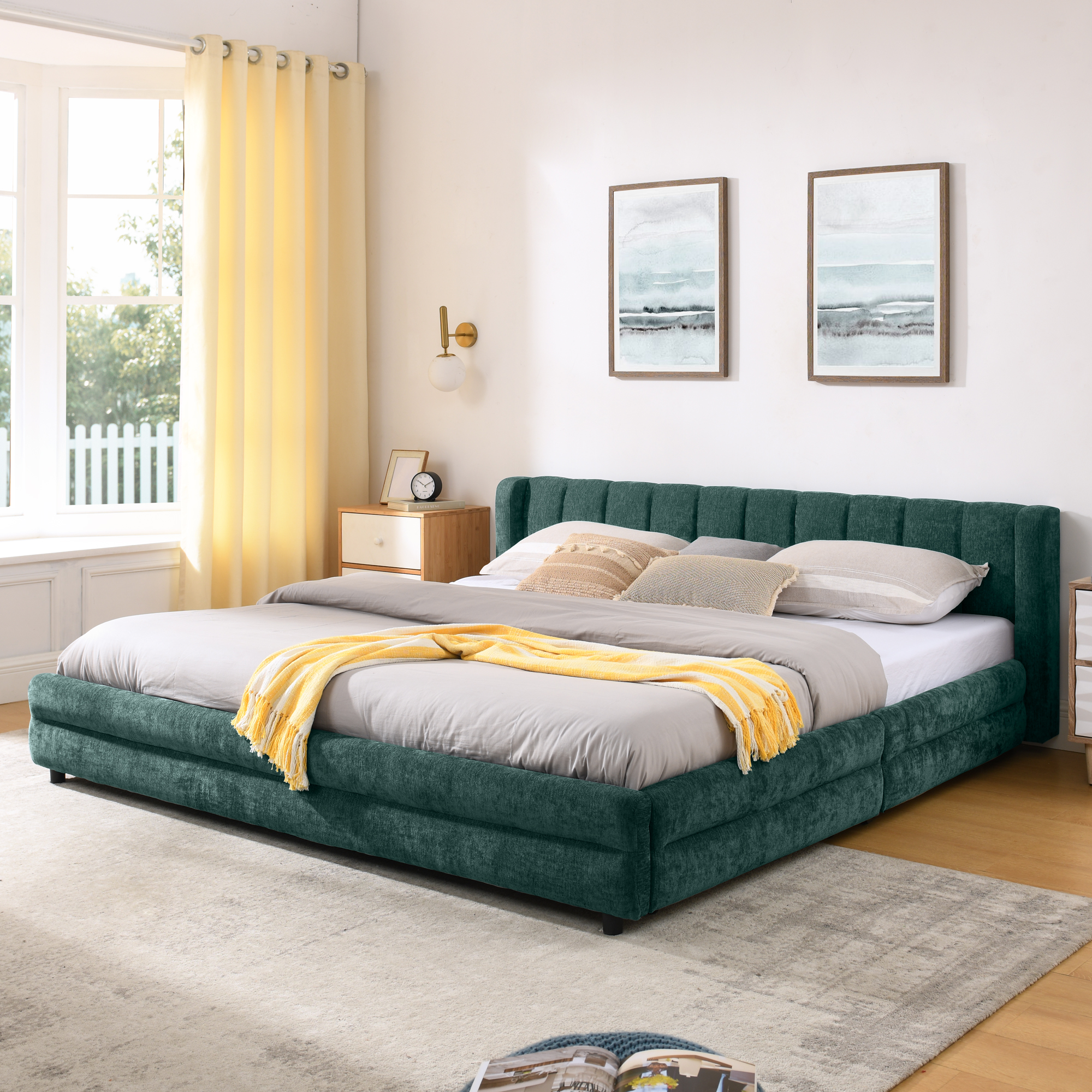 King Size Upholstered Bed Frame with Thick Fabric, comfortable upholstered bed frame, Chenille fabric, with headboard and solid bed frame. With drawer for storage--Blue+Green(86.5''*84''*29.5'') - Image 2
