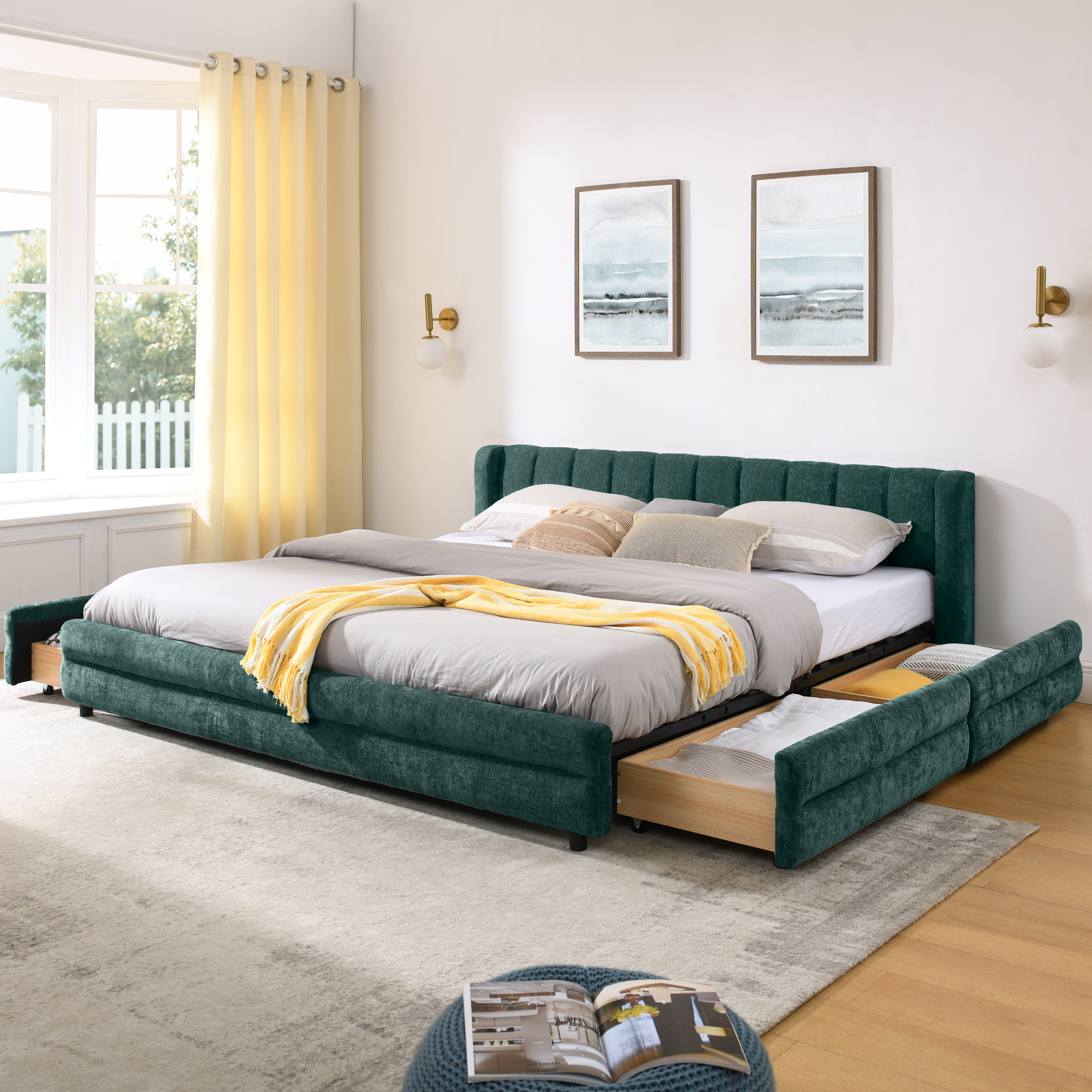 King Size Upholstered Bed Frame with Thick Fabric, comfortable upholstered bed frame, Chenille fabric, with headboard and solid bed frame. With drawer for storage--Blue+Green(86.5''*84''*29.5'') - Image 1