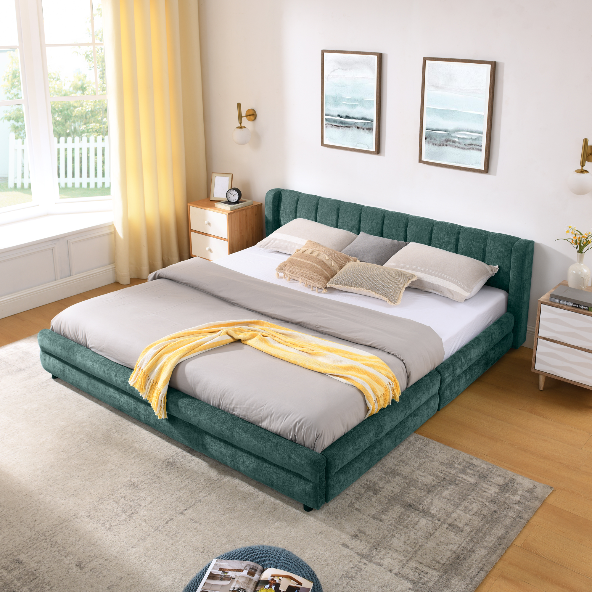 King Size Upholstered Bed Frame with Thick Fabric, comfortable upholstered bed frame, Chenille fabric, with headboard and solid bed frame. With drawer for storage--Blue+Green(86.5''*84''*29.5'') - Image 3