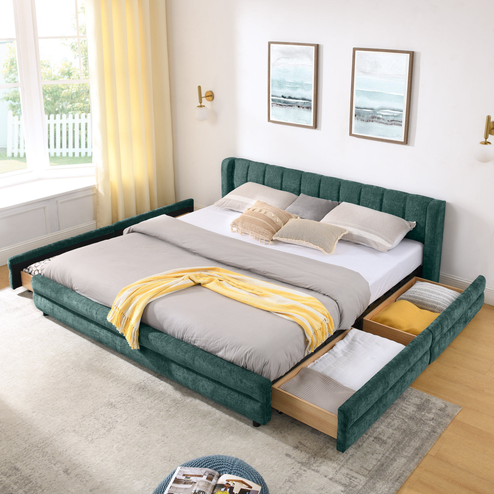 King Size Upholstered Bed Frame with Thick Fabric, comfortable upholstered bed frame, Chenille fabric, with headboard and solid bed frame. With drawer for storage--Blue+Green(86.5''*84''*29.5'') - Image 4