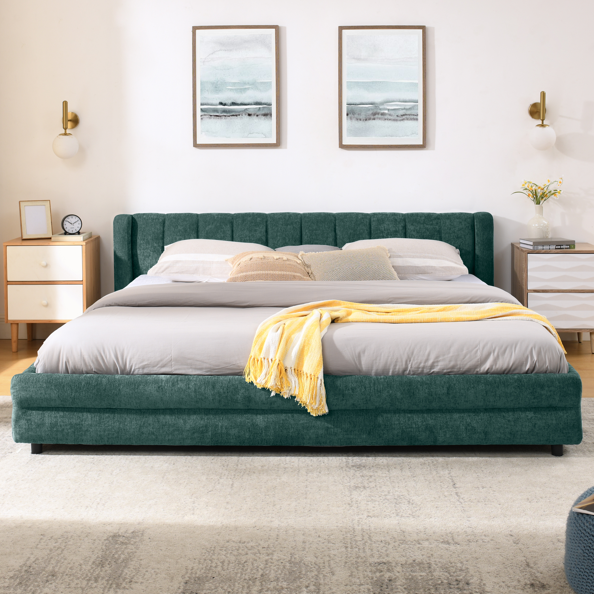 King Size Upholstered Bed Frame with Thick Fabric, comfortable upholstered bed frame, Chenille fabric, with headboard and solid bed frame. With drawer for storage--Blue+Green(86.5''*84''*29.5'') - Image 5