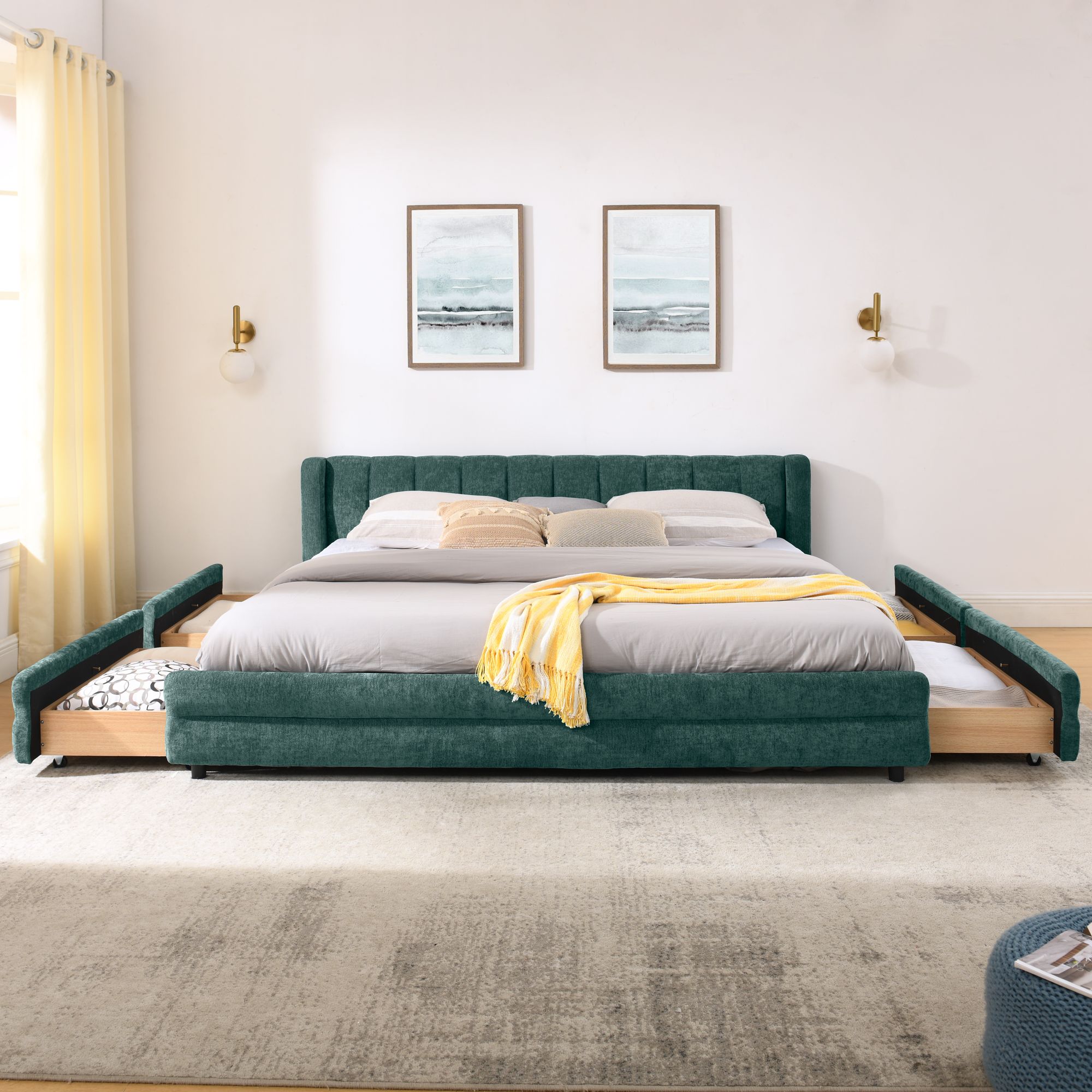 King Size Upholstered Bed Frame with Thick Fabric, comfortable upholstered bed frame, Chenille fabric, with headboard and solid bed frame. With drawer for storage--Blue+Green(86.5''*84''*29.5'') - Image 6