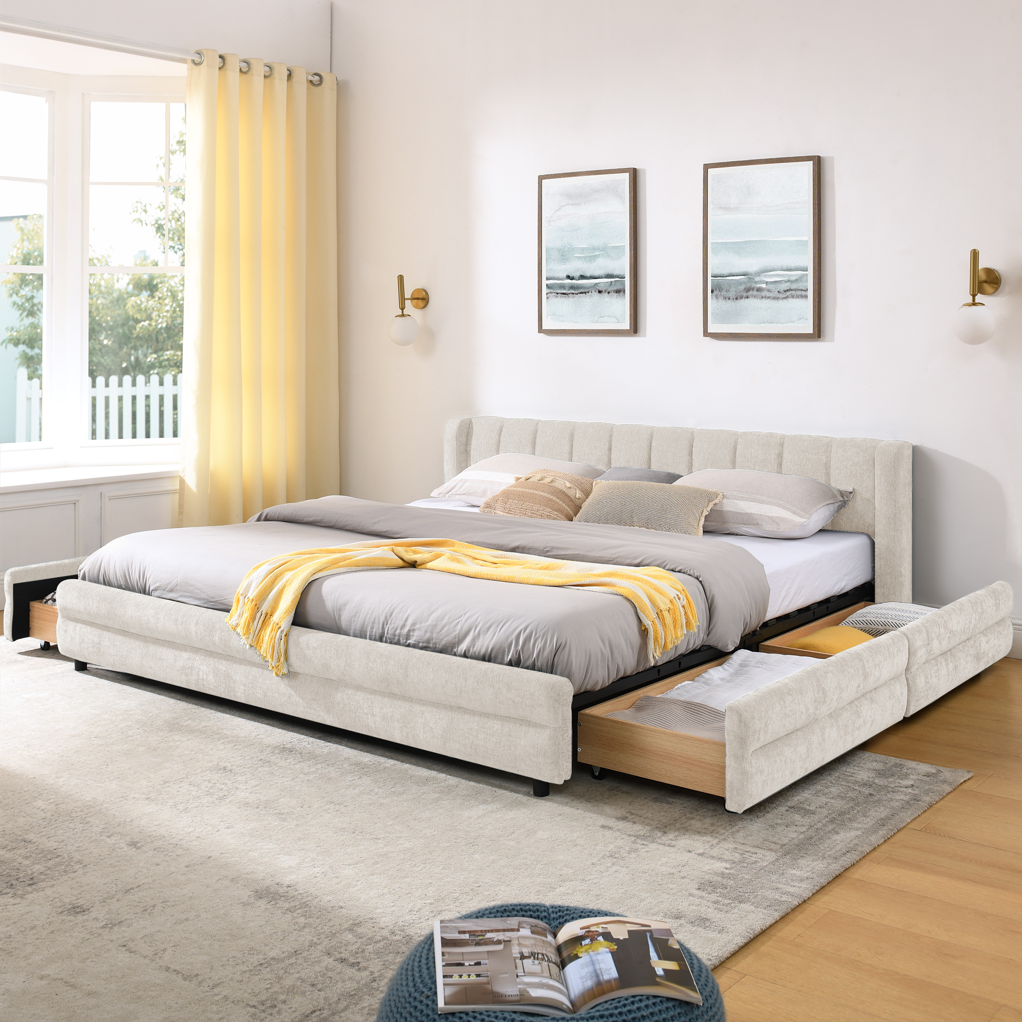 King Size Upholstered Bed Frame with Thick Fabric, comfortable upholstered bed frame, Chenille fabric, with headboard and solid bed frame. With drawer for storage-Beige(86.5''*84''*29.5'') - Image 1