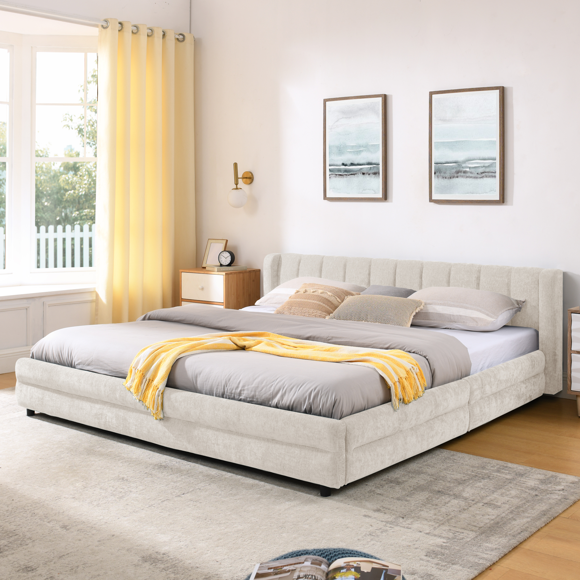 King Size Upholstered Bed Frame with Thick Fabric, comfortable upholstered bed frame, Chenille fabric, with headboard and solid bed frame. With drawer for storage-Beige(86.5''*84''*29.5'') - Image 2