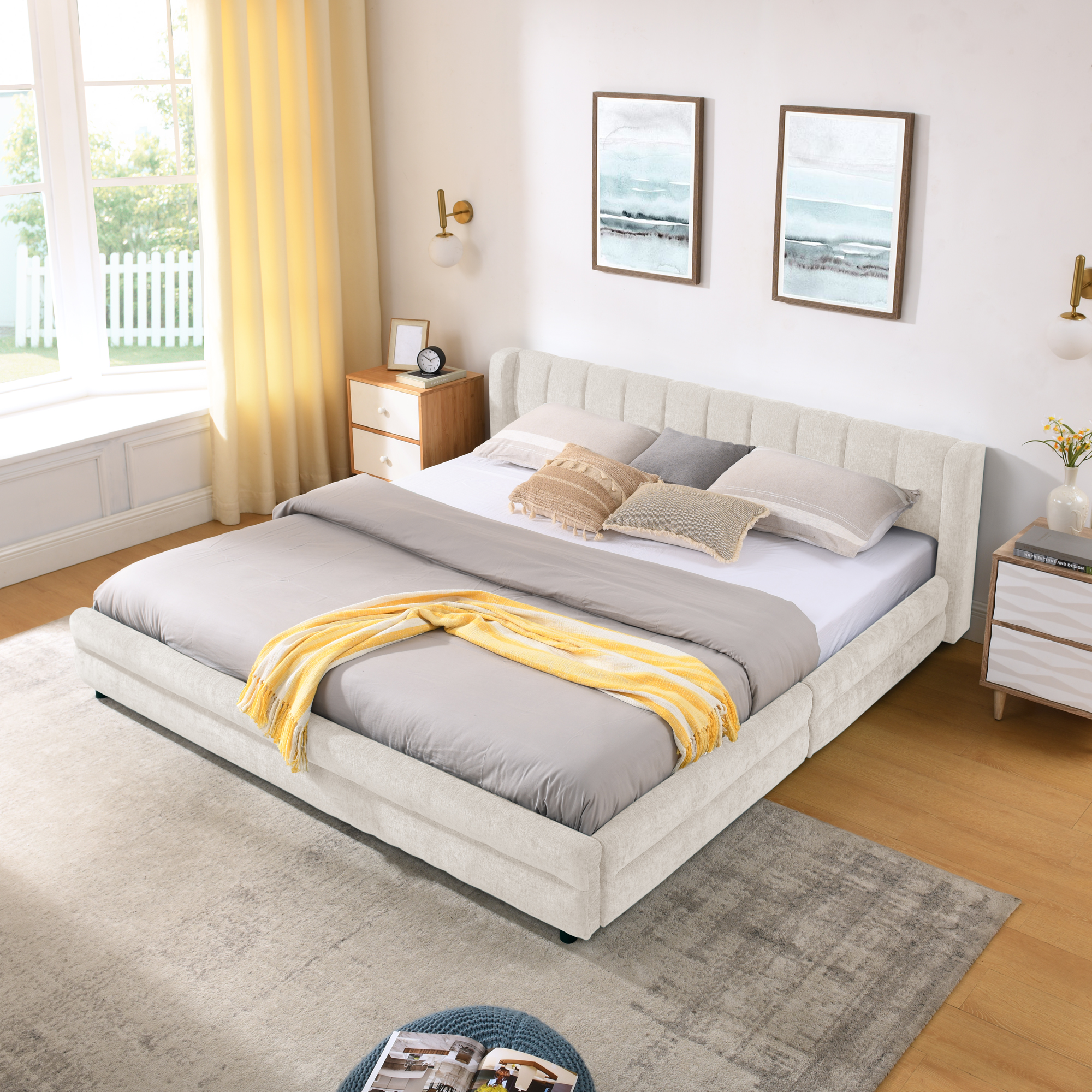 King Size Upholstered Bed Frame with Thick Fabric, comfortable upholstered bed frame, Chenille fabric, with headboard and solid bed frame. With drawer for storage-Beige(86.5''*84''*29.5'') - Image 3