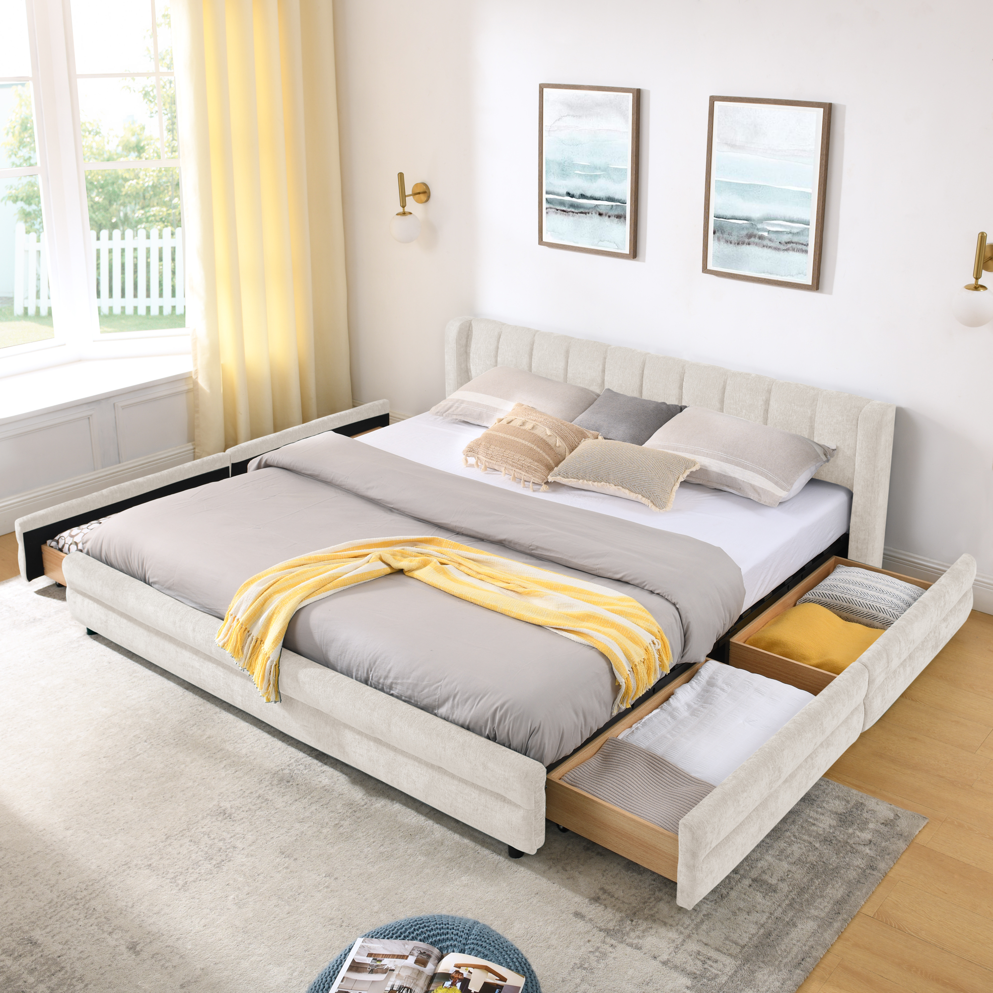King Size Upholstered Bed Frame with Thick Fabric, comfortable upholstered bed frame, Chenille fabric, with headboard and solid bed frame. With drawer for storage-Beige(86.5''*84''*29.5'') - Image 4