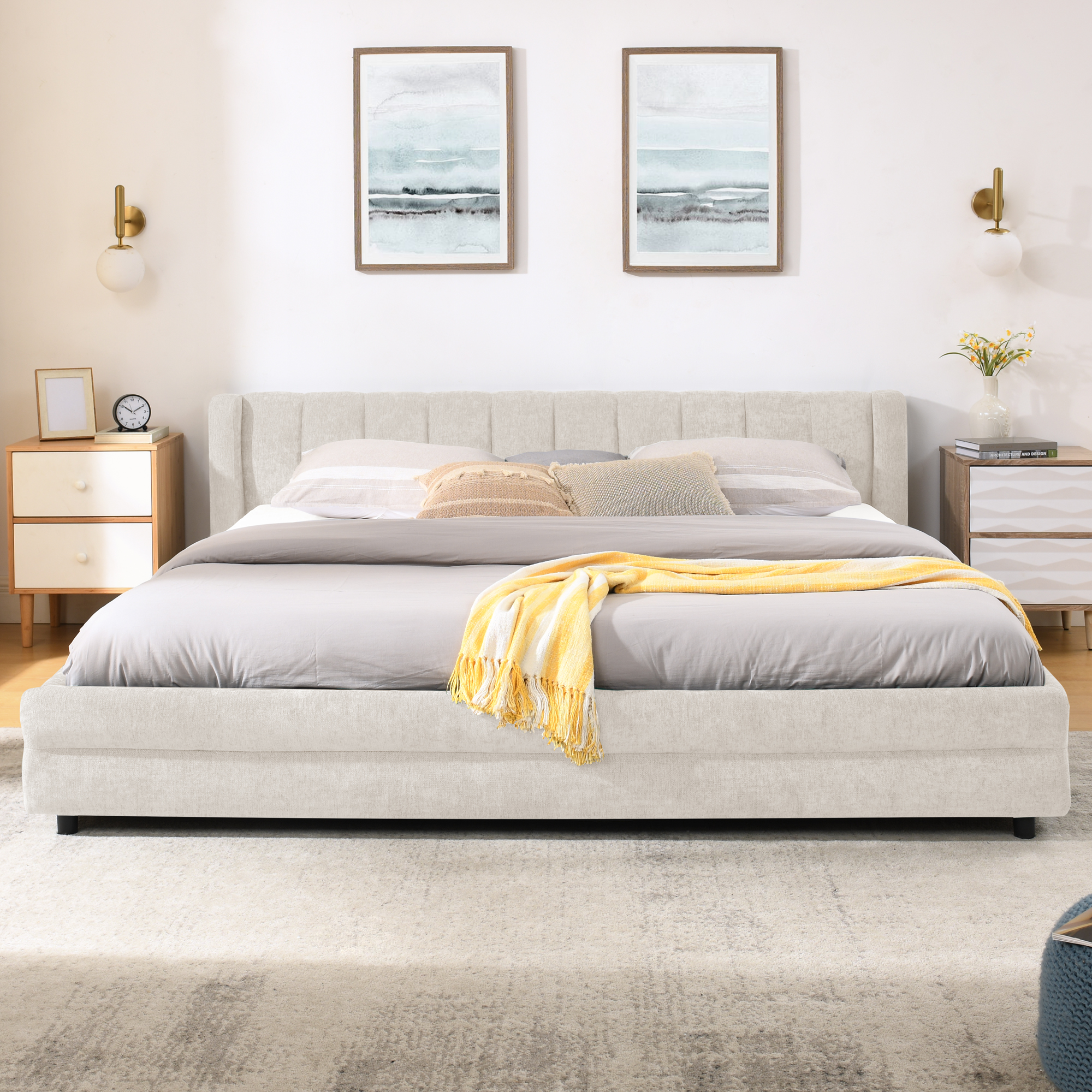 King Size Upholstered Bed Frame with Thick Fabric, comfortable upholstered bed frame, Chenille fabric, with headboard and solid bed frame. With drawer for storage-Beige(86.5''*84''*29.5'') - Image 5