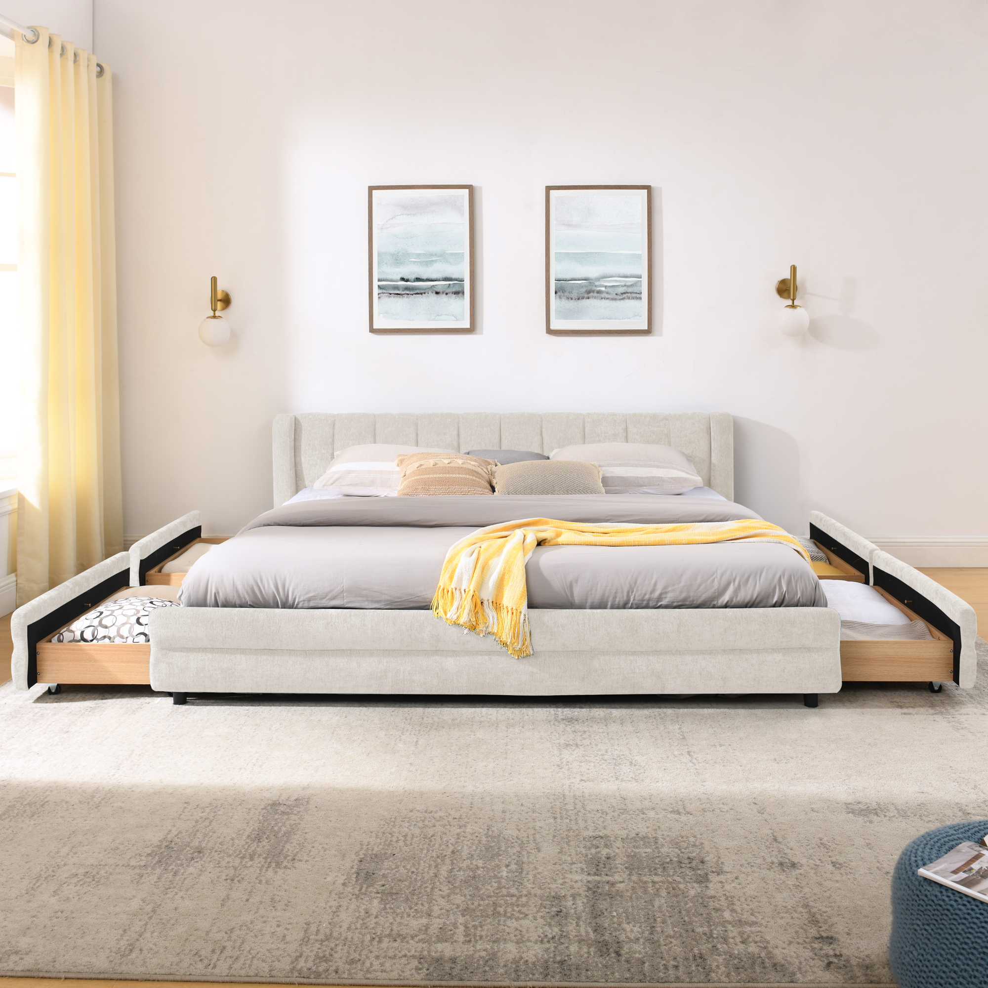 King Size Upholstered Bed Frame with Thick Fabric, comfortable upholstered bed frame, Chenille fabric, with headboard and solid bed frame. With drawer for storage-Beige(86.5''*84''*29.5'') - Image 6