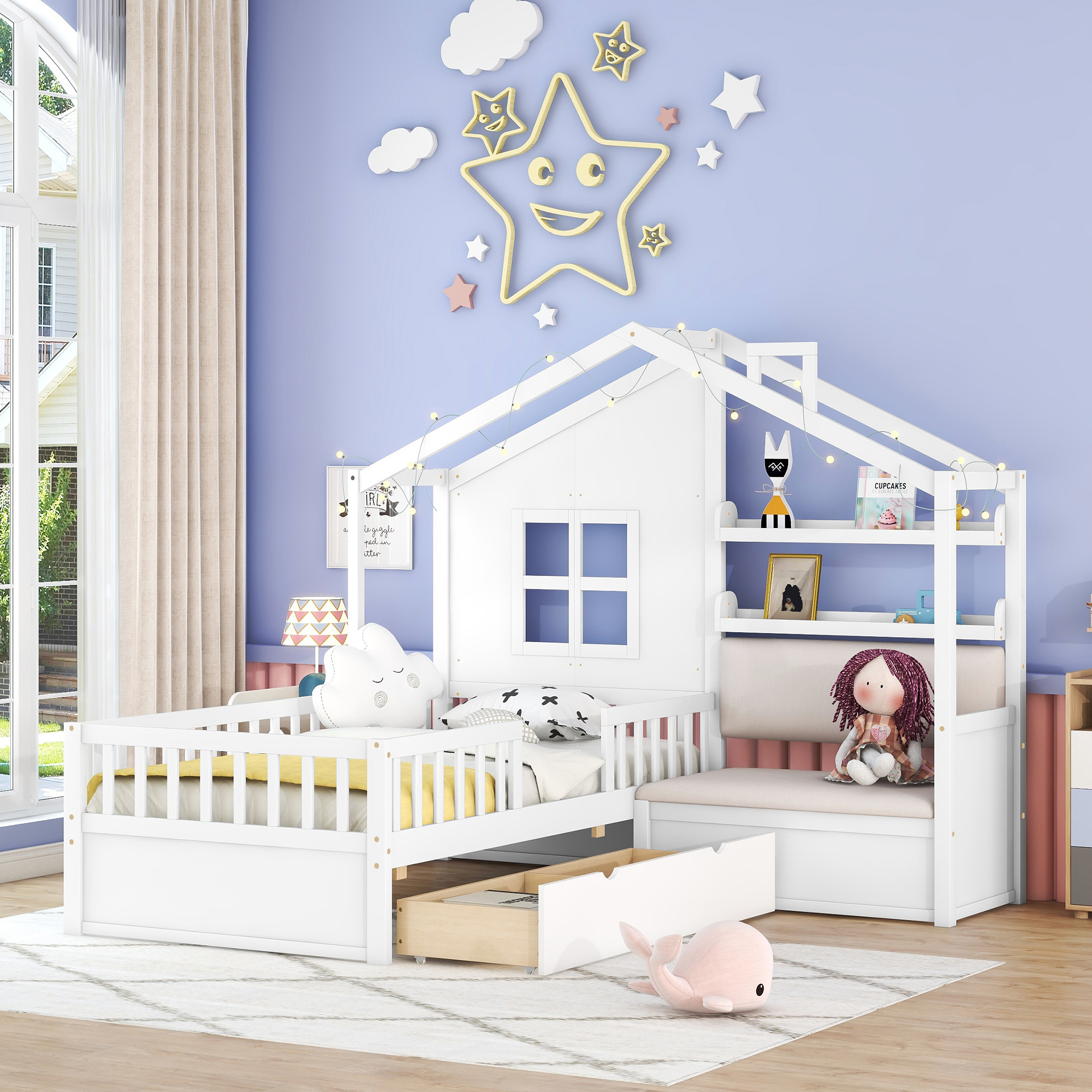 Twin Size House Bed with Sofa, Kids Platform Bed with Two Drawers and Storage Shelf, White (Old SKU:HL000065AAK) - Image 1