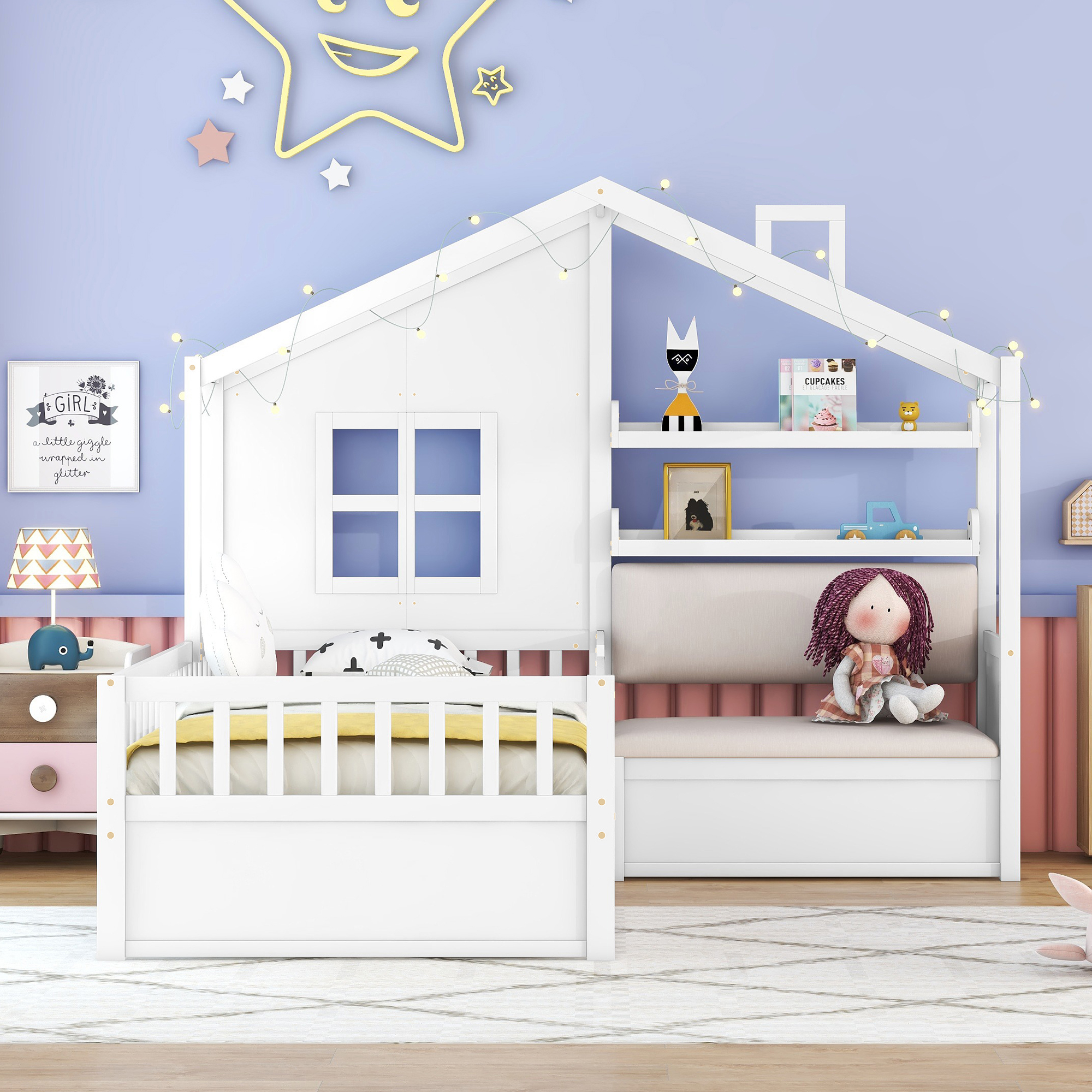 Twin Size House Bed with Sofa, Kids Platform Bed with Two Drawers and Storage Shelf, White (Old SKU:HL000065AAK) - Image 2