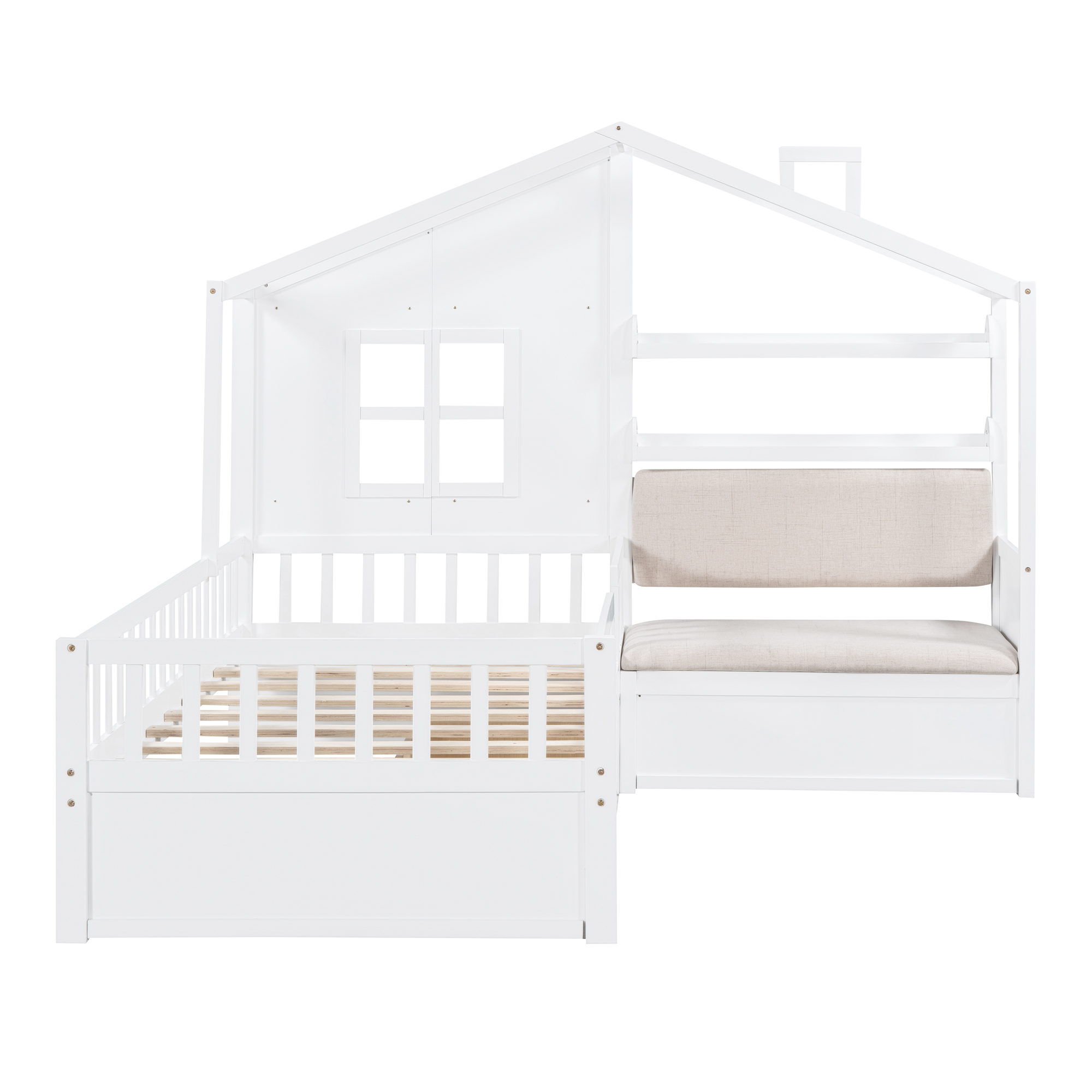 Twin Size House Bed with Sofa, Kids Platform Bed with Two Drawers and Storage Shelf, White (Old SKU:HL000065AAK) - Image 3