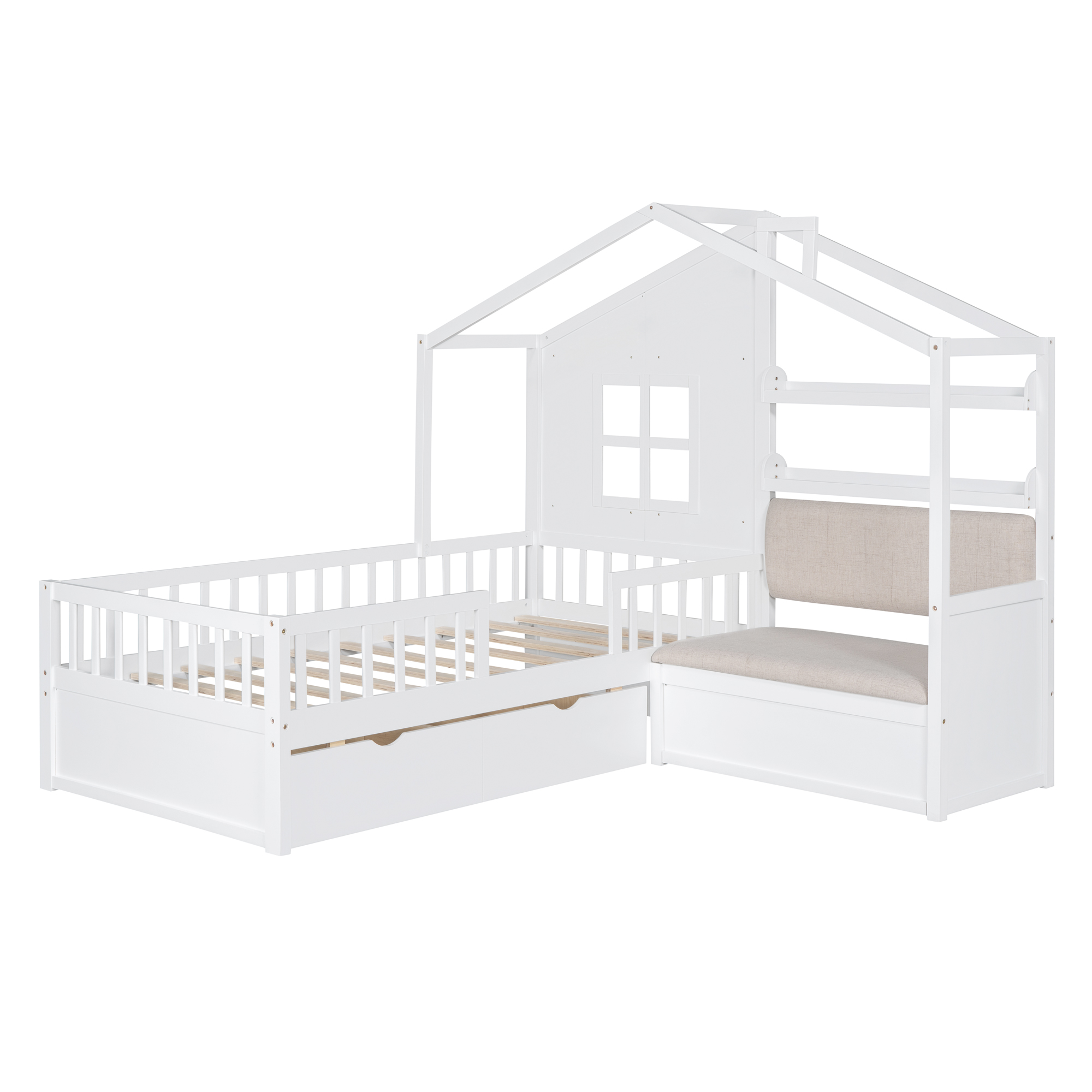 Twin Size House Bed with Sofa, Kids Platform Bed with Two Drawers and Storage Shelf, White (Old SKU:HL000065AAK) - Image 4