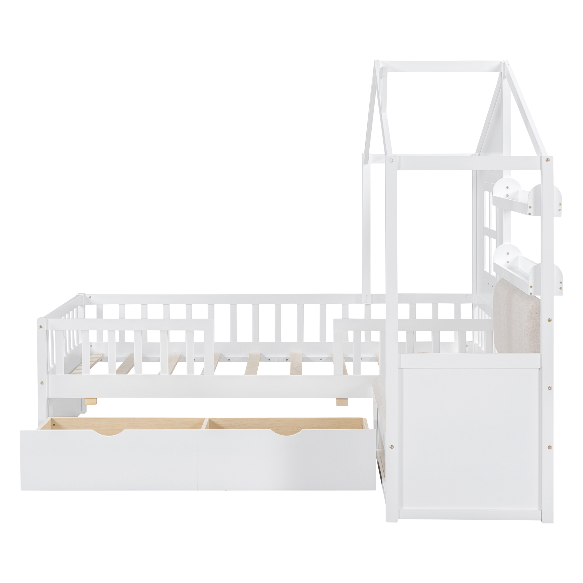 Twin Size House Bed with Sofa, Kids Platform Bed with Two Drawers and Storage Shelf, White (Old SKU:HL000065AAK) - Image 6