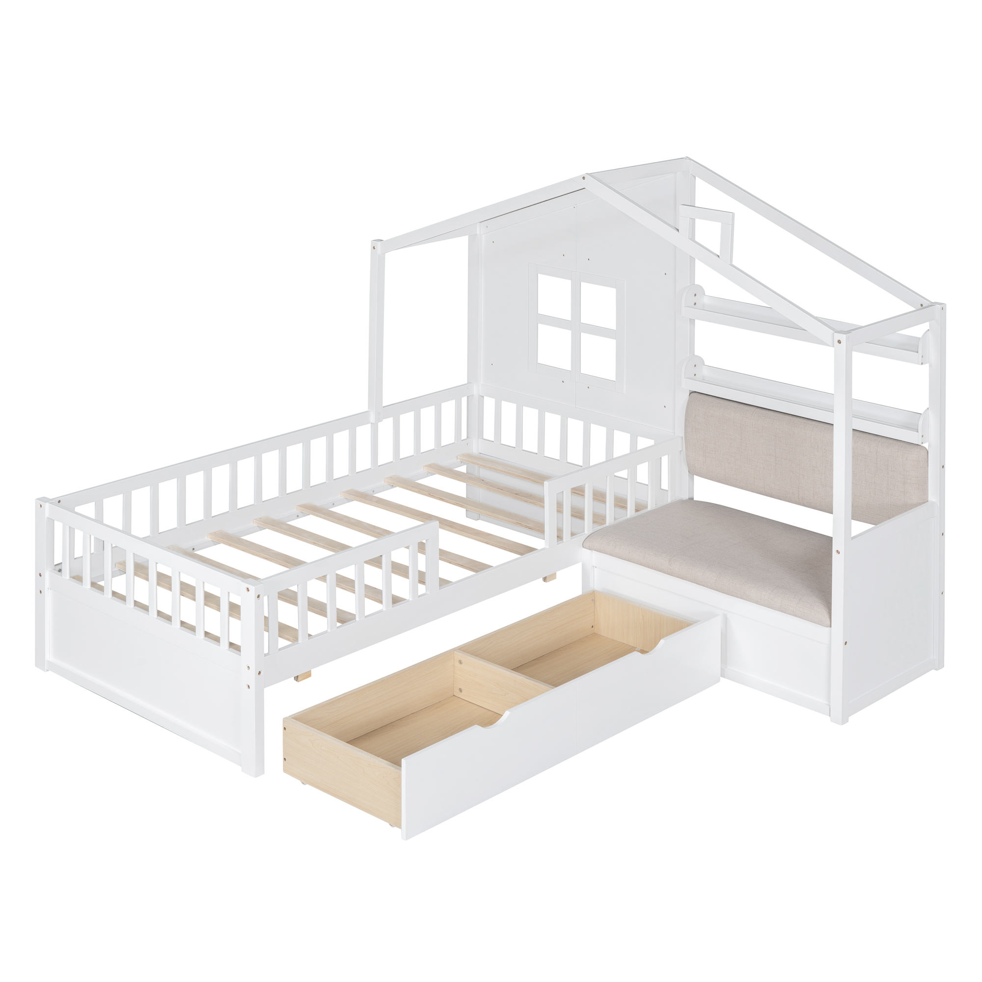 Twin Size House Bed with Sofa, Kids Platform Bed with Two Drawers and Storage Shelf, White (Old SKU:HL000065AAK) - Image 5