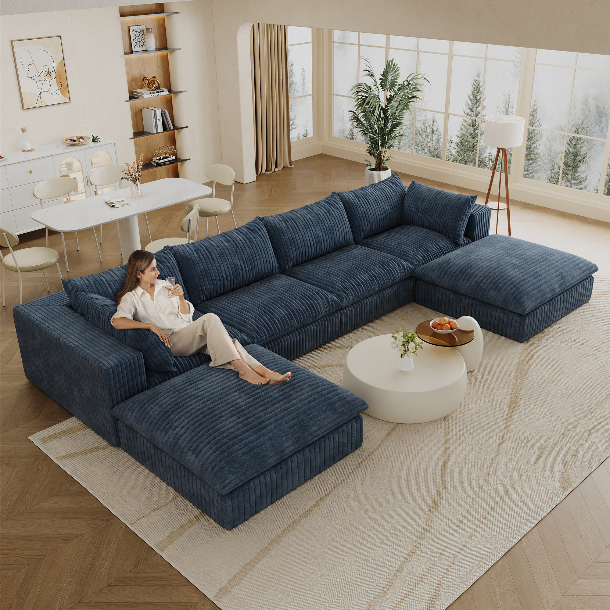 157.6"Cloud Sofa,Corduroy Fabric,Deep Seat Couches,Double-layer design,Removable Cushion,No Assembly,DIY Combination for Living room, Bedroom,Conference room ,Apartment,Blue - Image 2