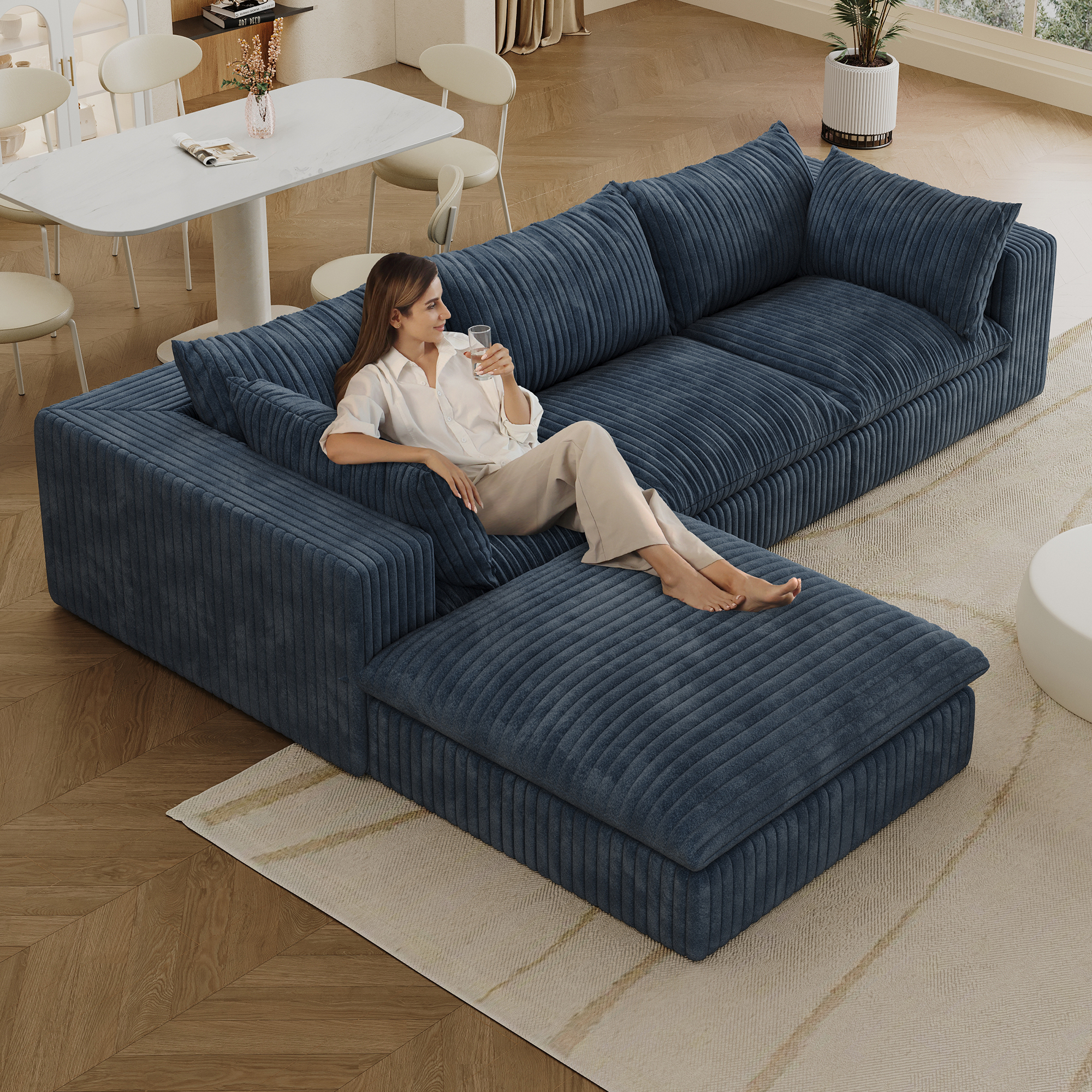 118.2" Cloud Sofa,Corduroy Fabric,Deep Seat Couches,Double-layer design,Removable Cushion,No Assembly, DIY Combination for Living room, Bedroom,Conference room ,Apartment,Blue - Image 2