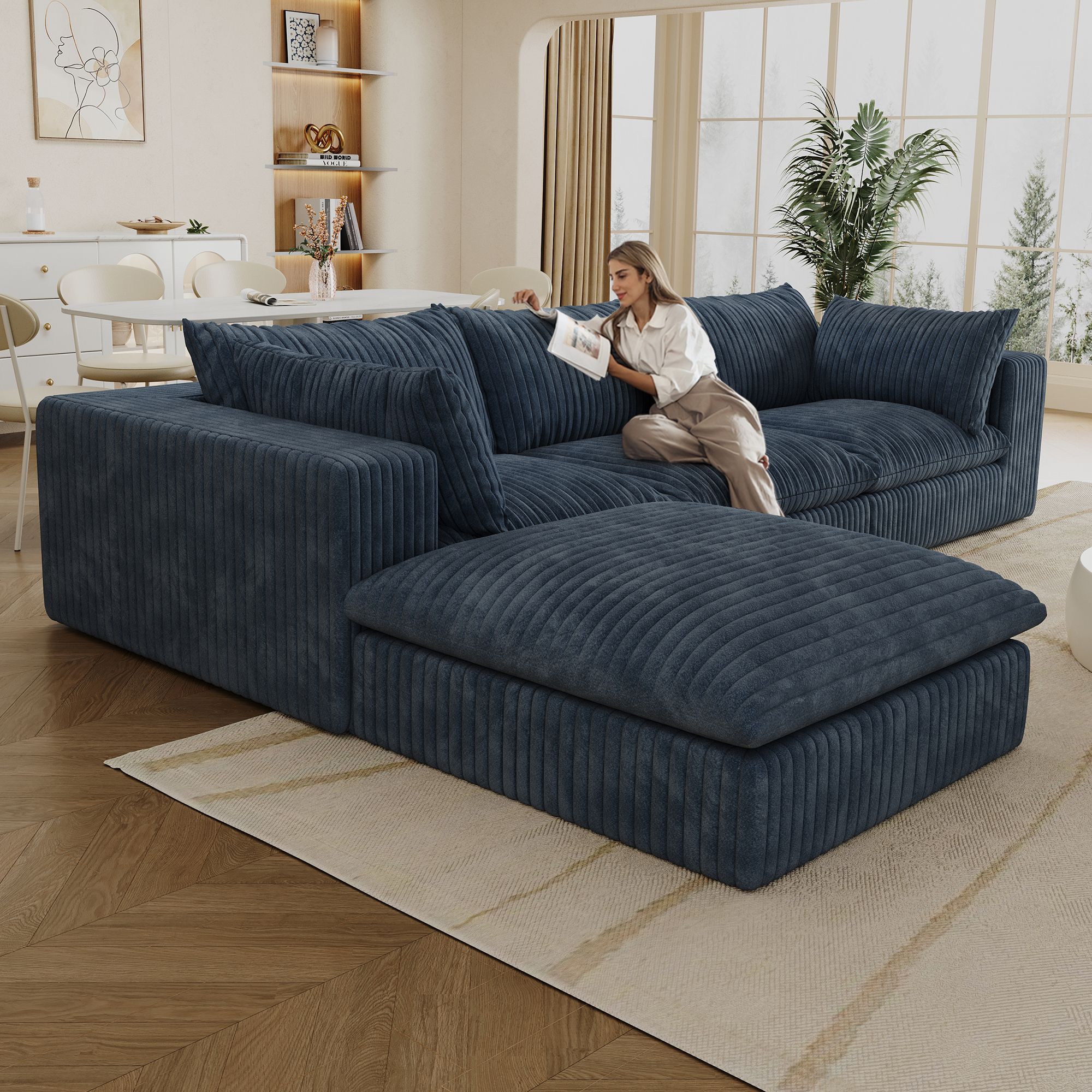 118.2" Cloud Sofa,Corduroy Fabric,Deep Seat Couches,Double-layer design,Removable Cushion,No Assembly, DIY Combination for Living room, Bedroom,Conference room ,Apartment,Blue - Image 3