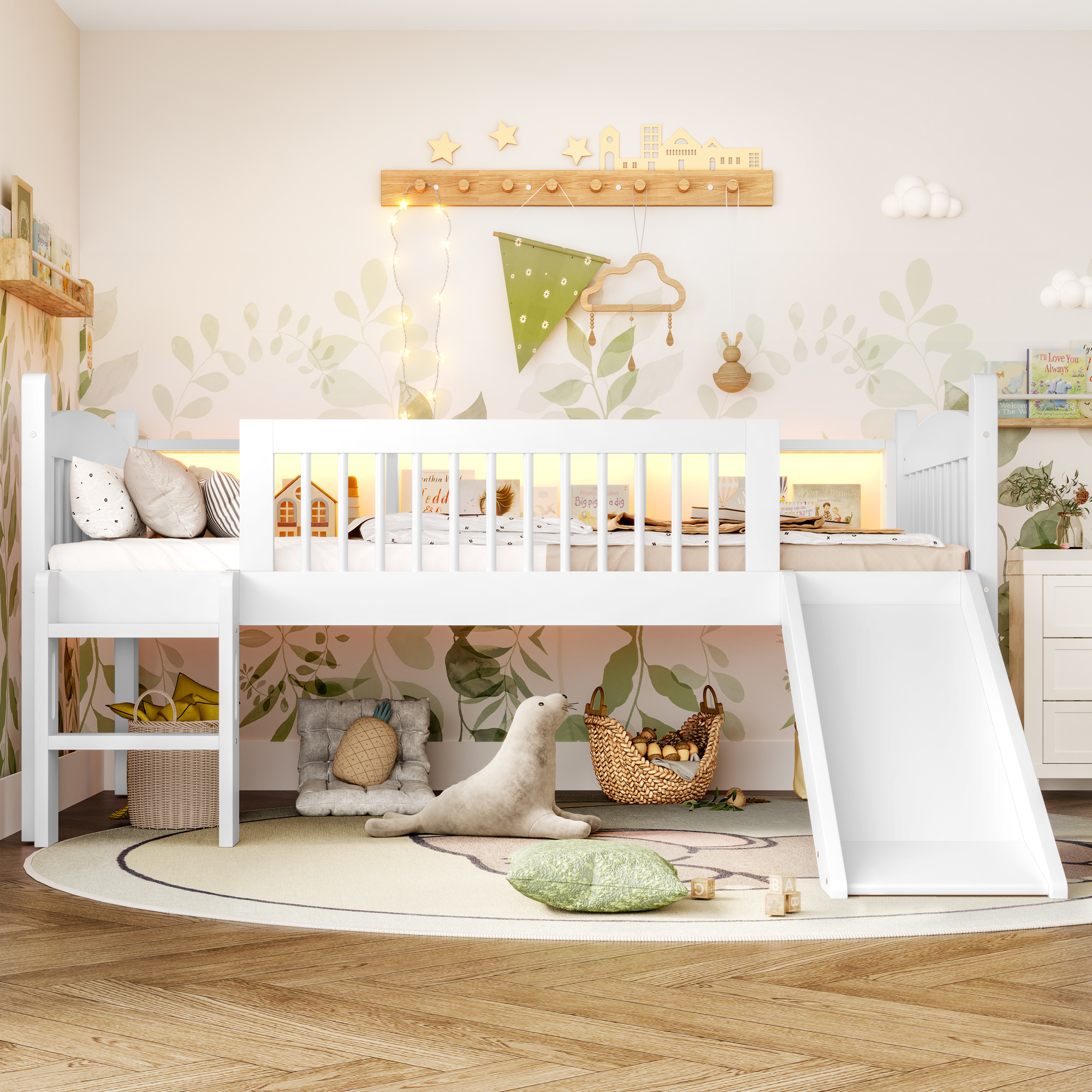 Twin XL Loft Bed with Storage Shelves, Solid Wood Lower Loft Bed with LED Lights and Full-length Guardrails, No Box Spring Needed, White - Image 3